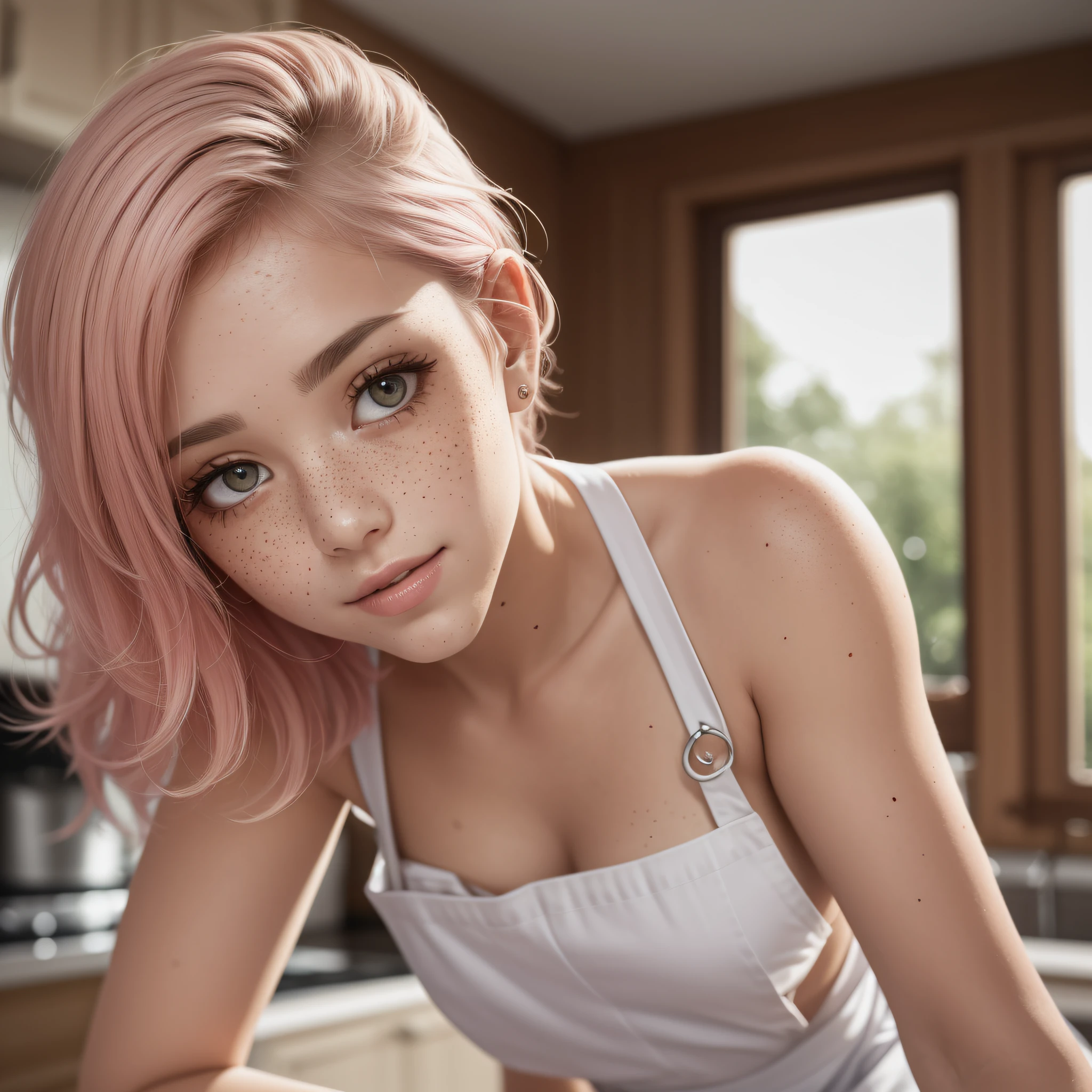 a closeup portrait of a playful maid, undercut hair, natural, apron, amazing body, pronounced feminine feature, kitchen, [ash blonde | ginger | pink hair], freckles, flirting with camera