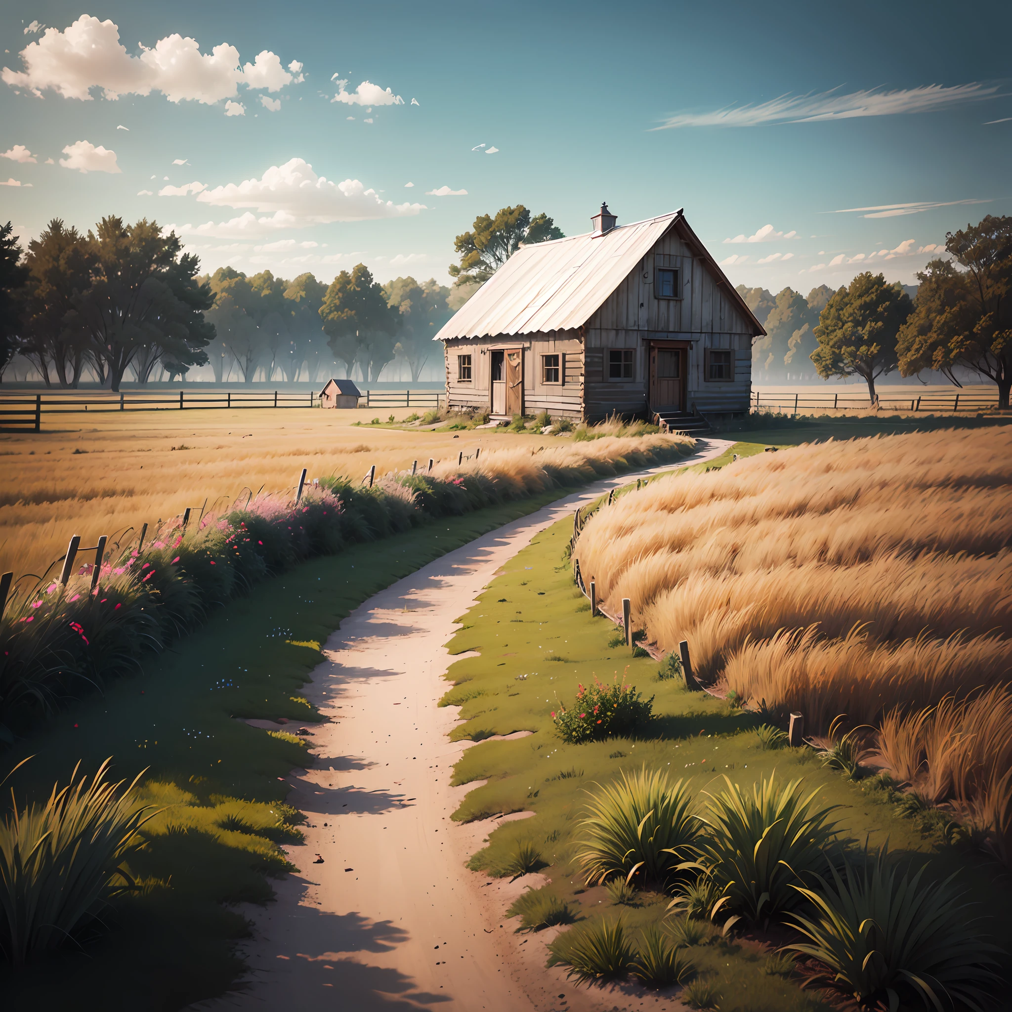 The prairie stretches bleakly under a gray, overcast sky. The tall grasses droop lifelessly, the once colorful wildflowers now shriveled and brown. In the distance, the little log cabin sits cold and dark, no smoke rising from the chimney. The barn stands empty, a broken fence barely upright around the barren animal enclosure. The well-worn path to the creek is overgrown with thorns and weeds. The fields are barren, the crops dead and withered. An eerie wind moans across the landscape, cresting the tops of the sad grasses. A murder of crows circles ominously overhead, their raucous caws piercing the heavy silence. There is a feeling of emptiness and loss hanging over the prairie, the stillness broken only by the crows' cries. Though the cabin remains, it feels abandoned, the life and light gone from this place that once felt like home. By Joshua Holford Photography Award Winning Detail and Flare 8k fz80 --auto