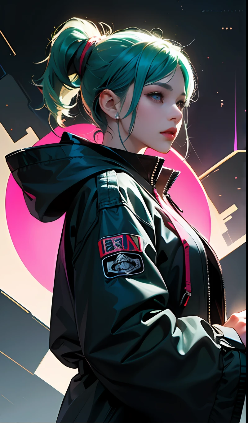 (Rebecca Cyberpunk), 1girll, By bangs, Blue hair,,Colored eyes, jaket, longer sleeves, looking at viewert, Medium hair, Facial portrait, Green hair, Hair flying upwards, lips parted, Bangs separated, (Mad eyes),opens his eyes wide,Half of the face,Bluish hair,sportrait,Redlip,独奏,Black cyberpunk coat,teal skin,Pink full body tattoo,Double ponytail on both sides,Cat lady,cyber punk perssonage\(Series\),cyber punk edge runner,black hair ornament,Ray traching,NVIDIA RTX,Hyper-Resolution,Unreal 5,Subsurface scattering、PBR Texture、post-proces、Anisotropy Filtering --auto