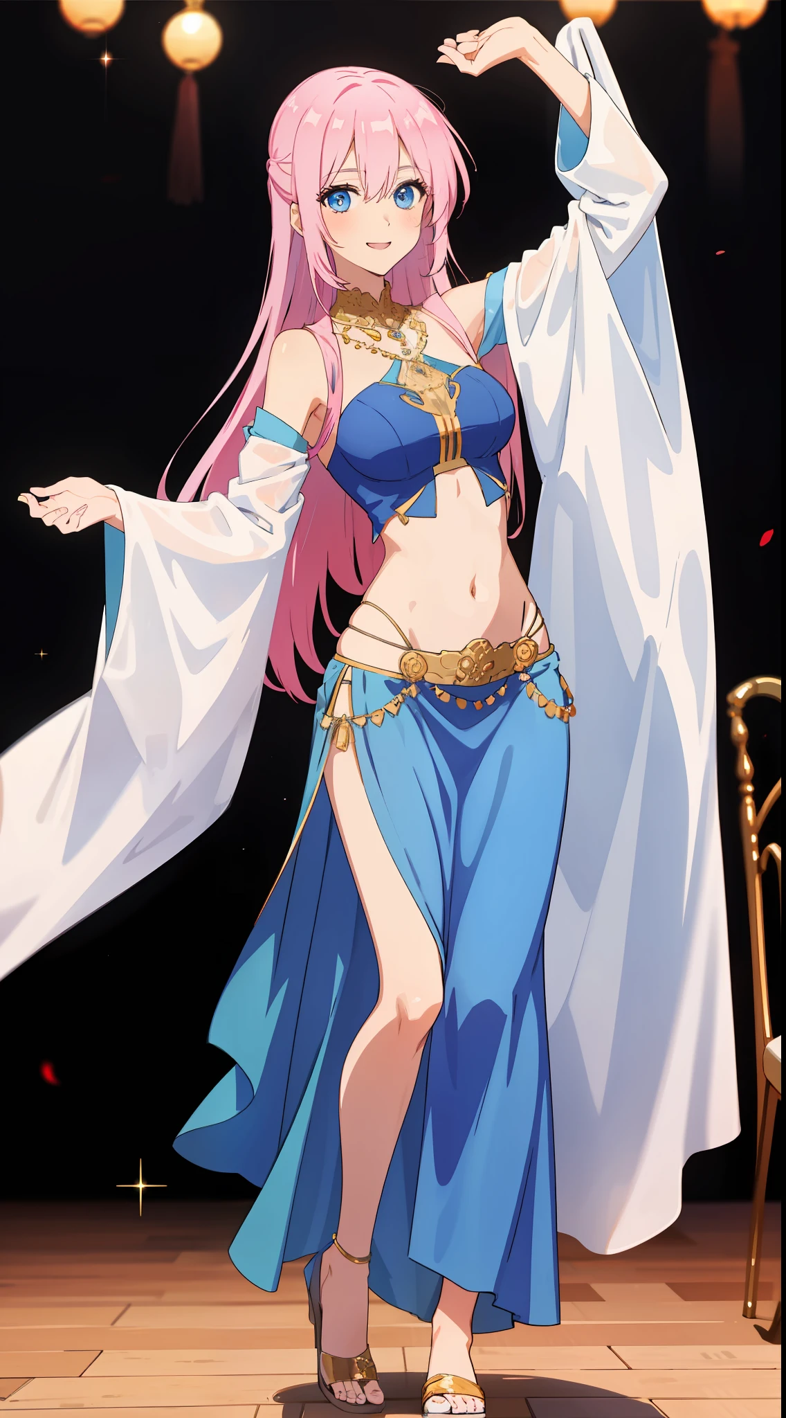 shikimori, medium breast, slim legs, blue gown, navel, skirt, standing, beautiful eyes, blue eyes, happy, arabian belly dancer, stage