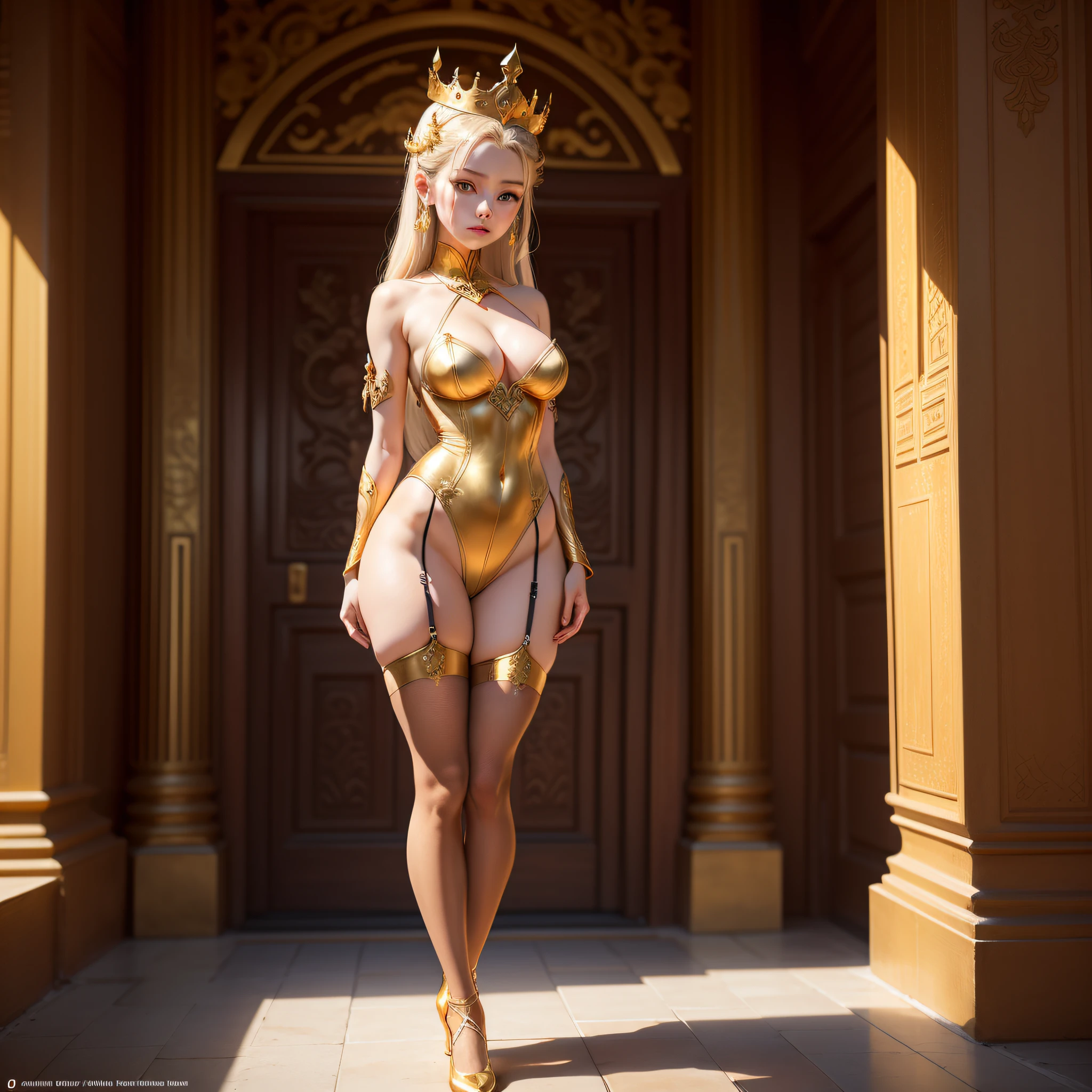 1girl, masterpiece, highly detailed CG Unity 8K wallpaper, highest quality, lifelike, RAW photos, amazing, detailed, award-winning photos, cinematic lighting, (gravure photography), (beautiful girl's prayer), balanced body, (full body), delicate hands, (anatomically correct hands) (small face, slim, petite, slender body), (big), (horizontal breasts), ( Breasts) (arms exposed) (thighs exposed) (cleavage) (Guanyin Bodhisattva cosplay) (Guanyin Bodhisattva), (Buddha statue), (, beautiful girl,) solo, (golden see-through leotard), (golden mesh stockings), (golden garter stockings), (very small treasure crown) (golden transparent fluttering robes), (praying hand to hand in front of the chest), ( walls with golden patterns) (golden decorated walls), (golden ancient temples), (full-bodied, standing),