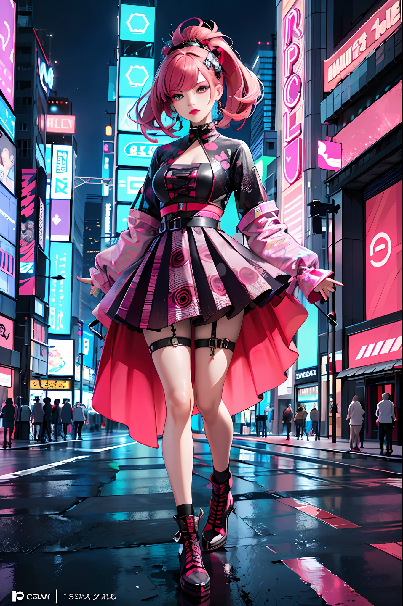 masterpiece, best quality, full body, 1girl, looking at viewer, Confident girl with slightly sassy expression, Harajuku-inspired pop outfit, bold colors and patterns, eye-catching accessories, trendy and innovative hairstyle, vibrant makeup, futuristic and dazzling cyberpunk cityscape, skyscrapers, neon signs, LED lights, bright and vivid color scheme, anime, illustration, detailed skin texture, detailed cloth texture, beautiful detailed face, intricate details, ultra detailed.