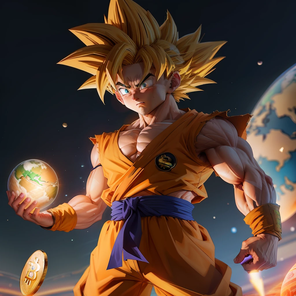 Goku bitcoin logo in the planet sphere
