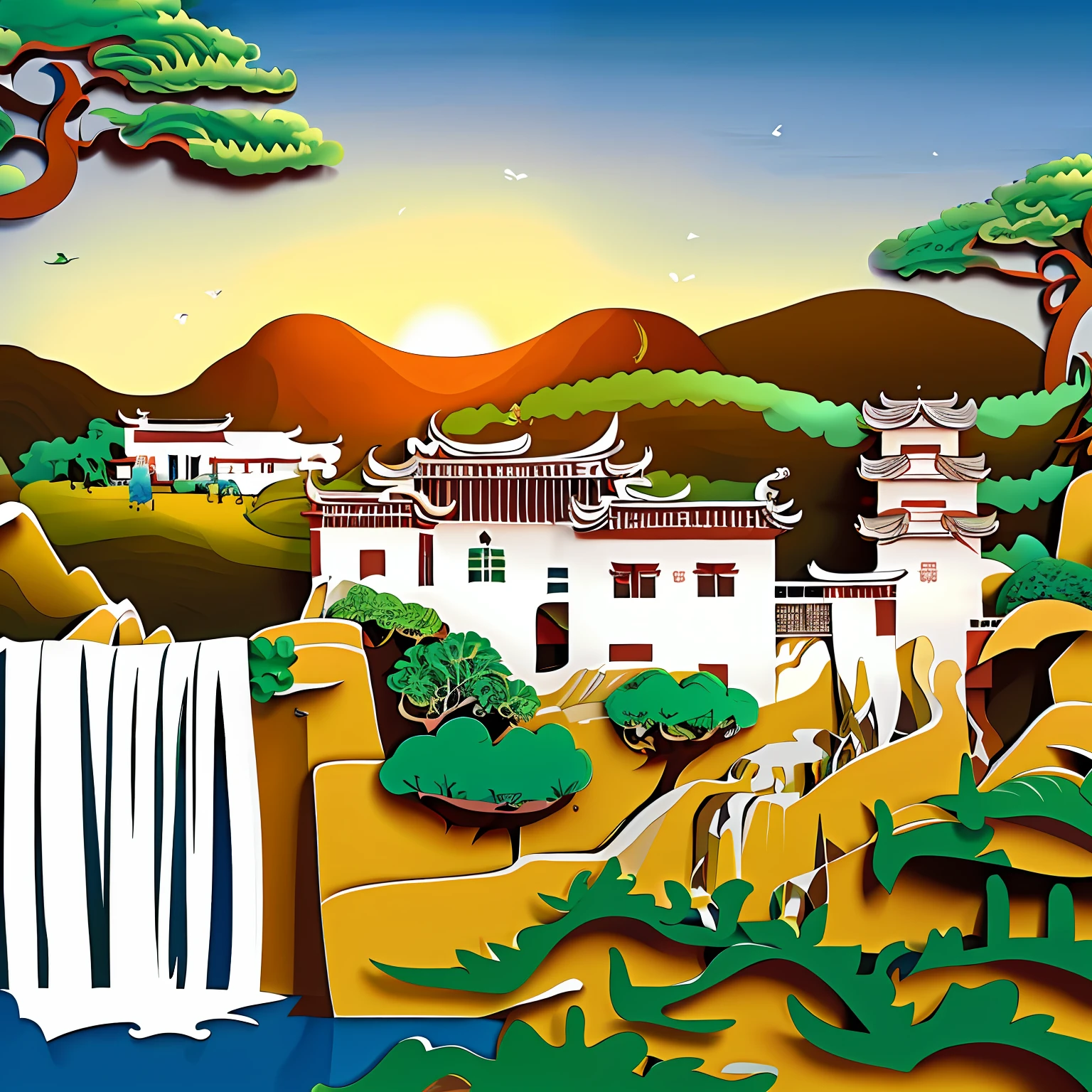 There is a painting of a waterfall and a building, artwork in style of sheng lam, Chinese village, inspired by Sun Kehong, dreamy Chinese towns, Chinese landscape, author:Sheng Maoye, author:Yi Renwen, Laurent Durieux, inspired by Huang Guangjian, Stylized digital illustration, Inspired by Wu Guanzhong