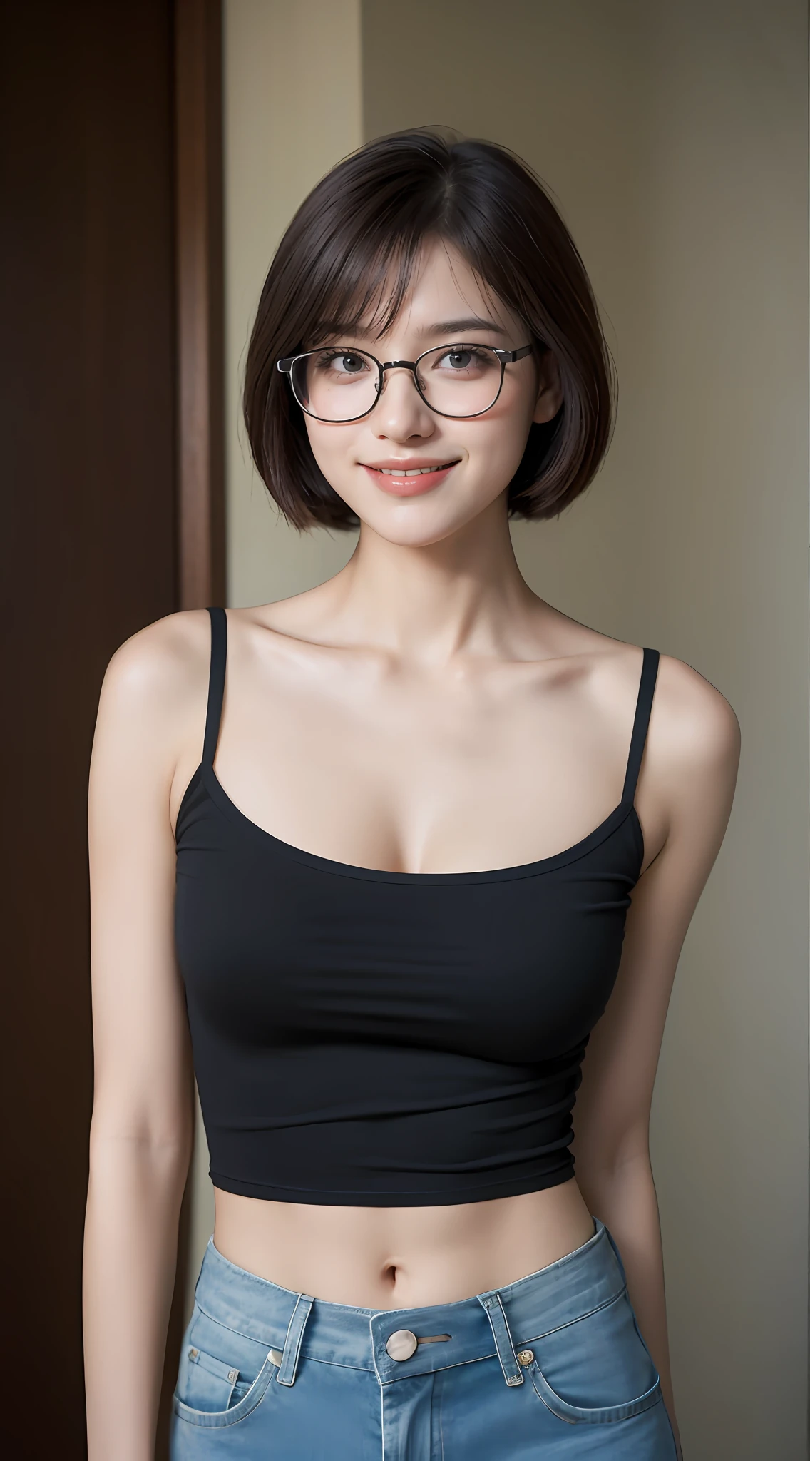 cute face, glasses, sharp eyes, thin lips, smiling, ultra HD, ultra realistic photography, thin chick
