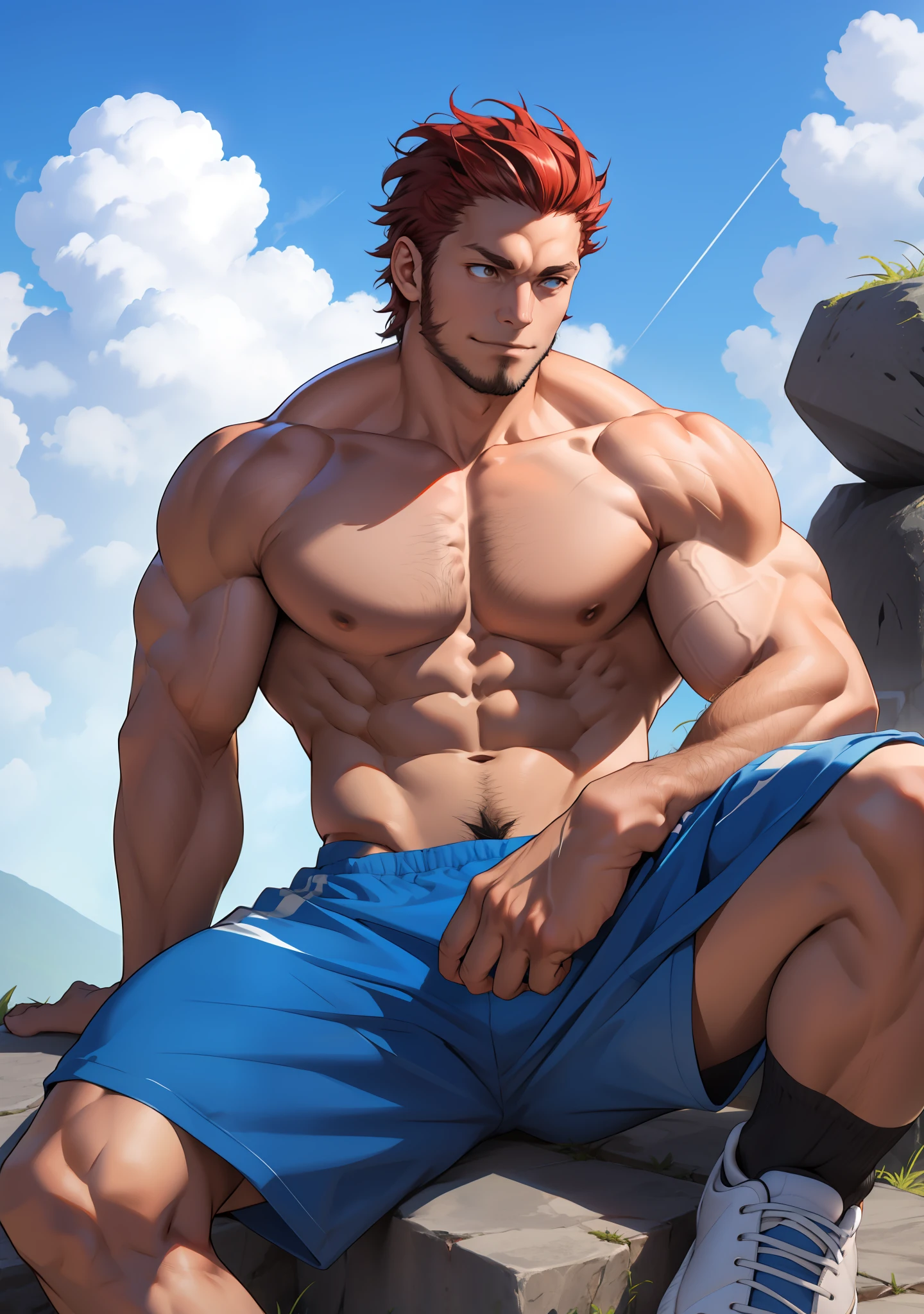 Iskandar,Solo, 1人, Heads-up view,Large muscles,Polysomal hair, athletic sneakers, Muscular, large pecs,Photos of everyday life, Rubber shorts,Blue sky background,Shirtless,sitting on the stone,hand on leg,The crotch is raised,Look at the sky,A confident expression,detailed detail,Strong body hair,
