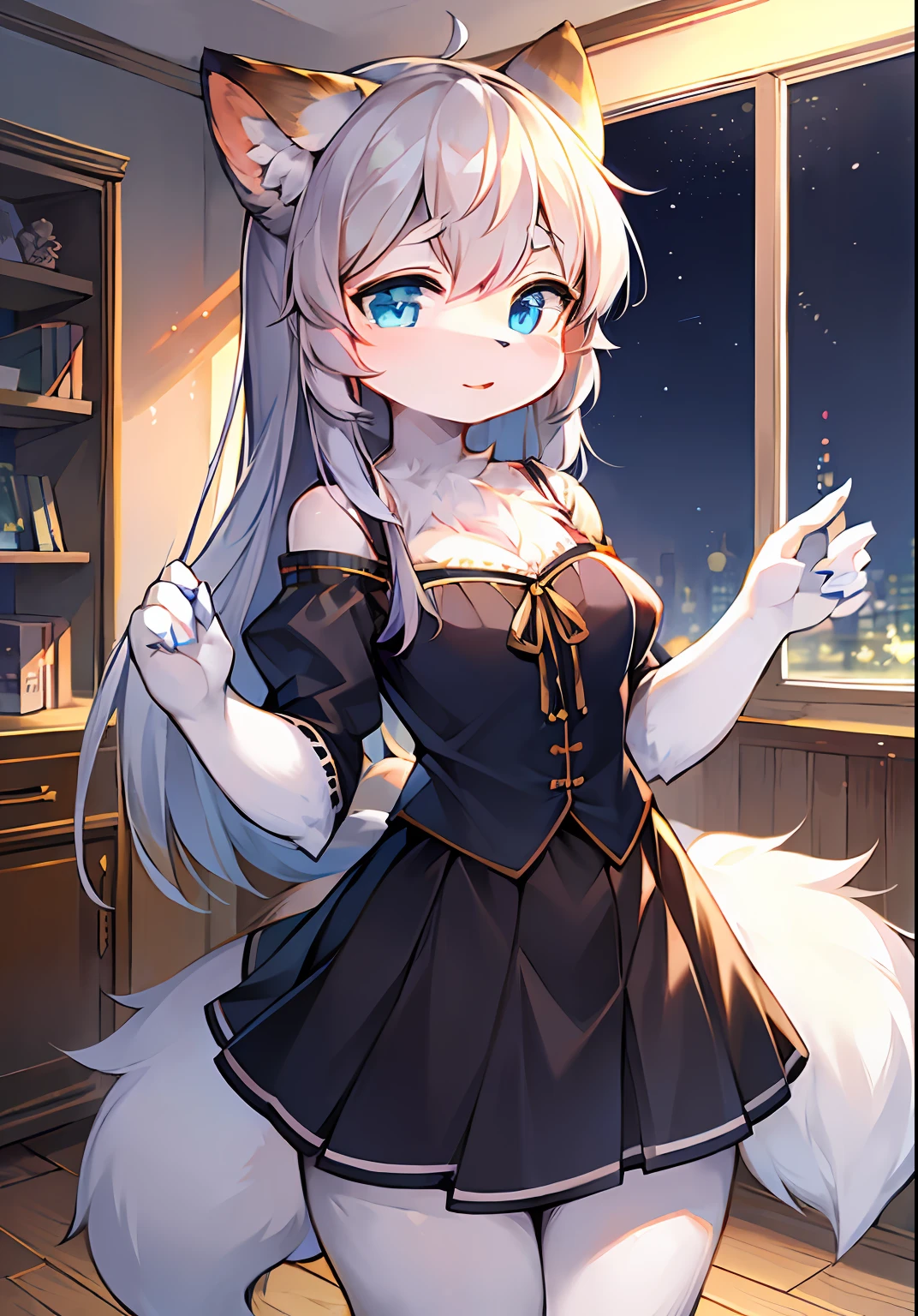 anthro female cat,short skirt,long whitr hair,Portrait,eyes with brightness,in a panoramic view,Character focus。Detailed background enhancement(0.7),独奏,shaggy,Furry female,female focus,anthr,Fluffy tail all over,eBlue eyes,White fur,Long gray hair,Tiny cute(1.2),Long canids strengthened(1.2),interiors、the night、borgar(1.1)。