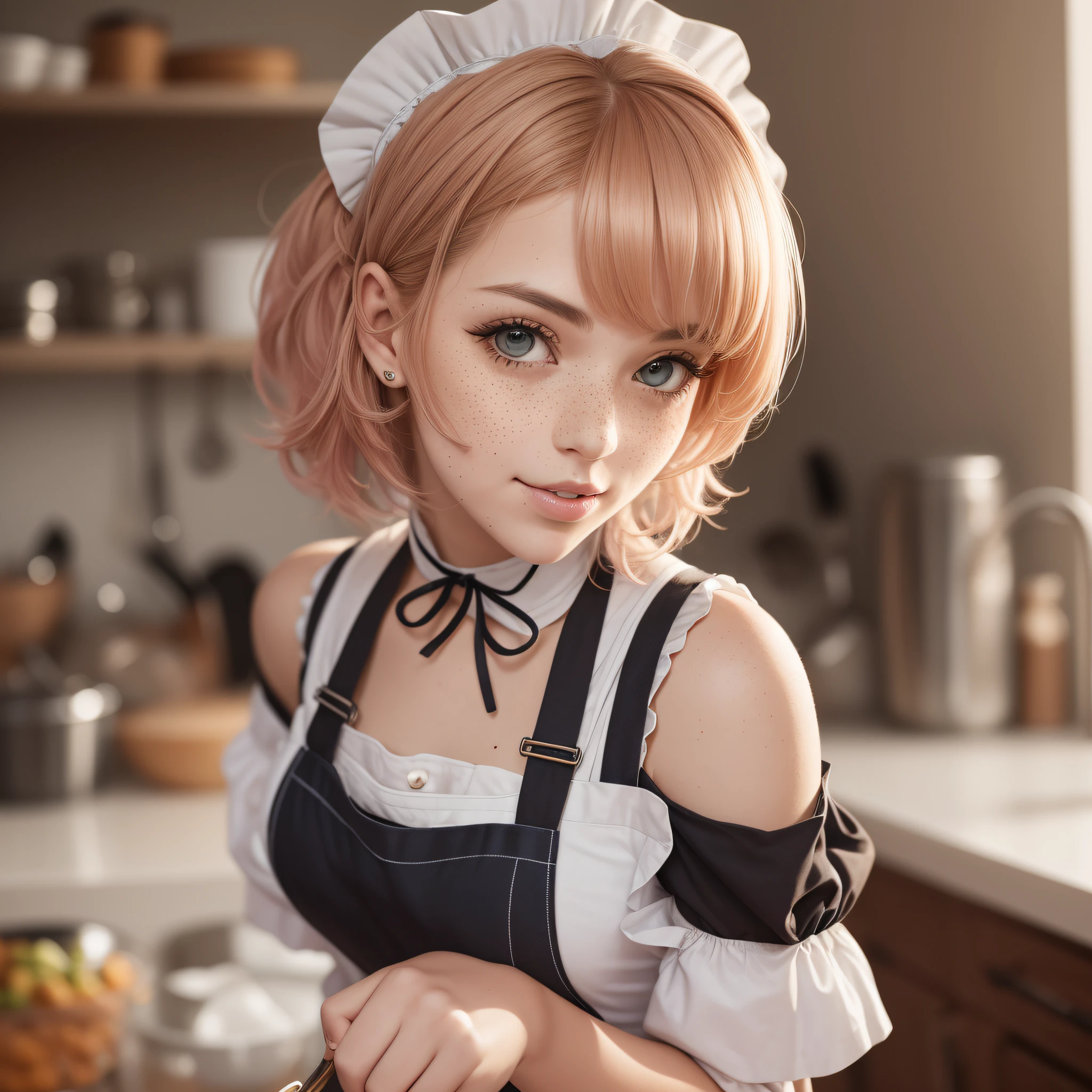 a closeup portrait of a playful maid, undercut hair, natural, apron, amazing body, pronounced feminine feature, kitchen, [ash blonde | ginger | pink hair], freckles, flirting with camera