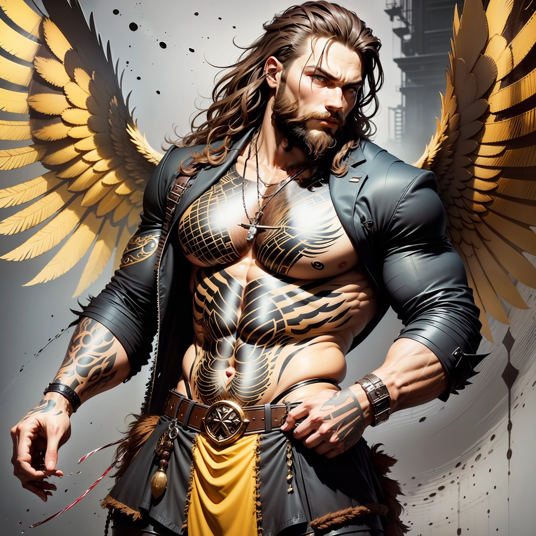 He is a tall and muscular man with dusty brown viking-style hair. His striking yellow cat eyes captivate attention. Notably, he possesses majestic black angel wings, adding to his fascinating aura. Wearing a suit