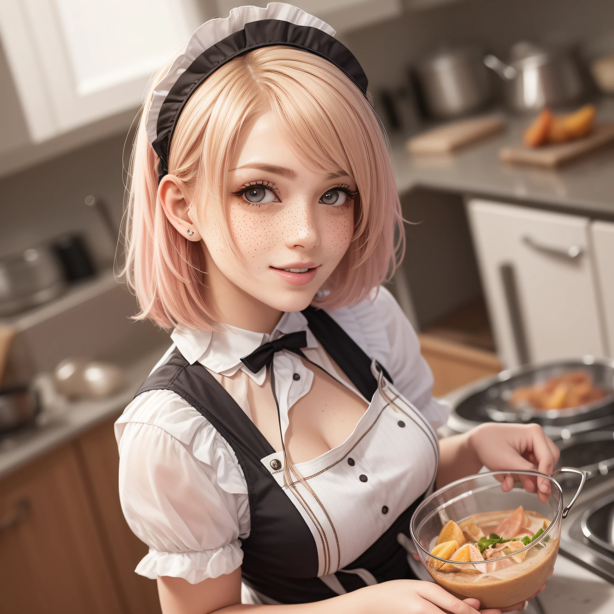 a closeup portrait of a playful maid, undercut hair, natural, apron, amazing body, pronounced feminine feature, kitchen, [ash blonde | ginger | pink hair], freckles, flirting with camera