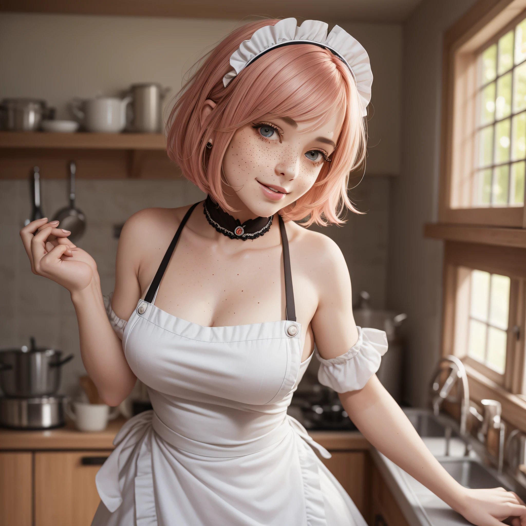a closeup portrait of a playful maid, undercut hair, natural, apron, amazing body, pronounced feminine feature, kitchen, [ash blonde | ginger | pink hair], freckles, flirting with camera