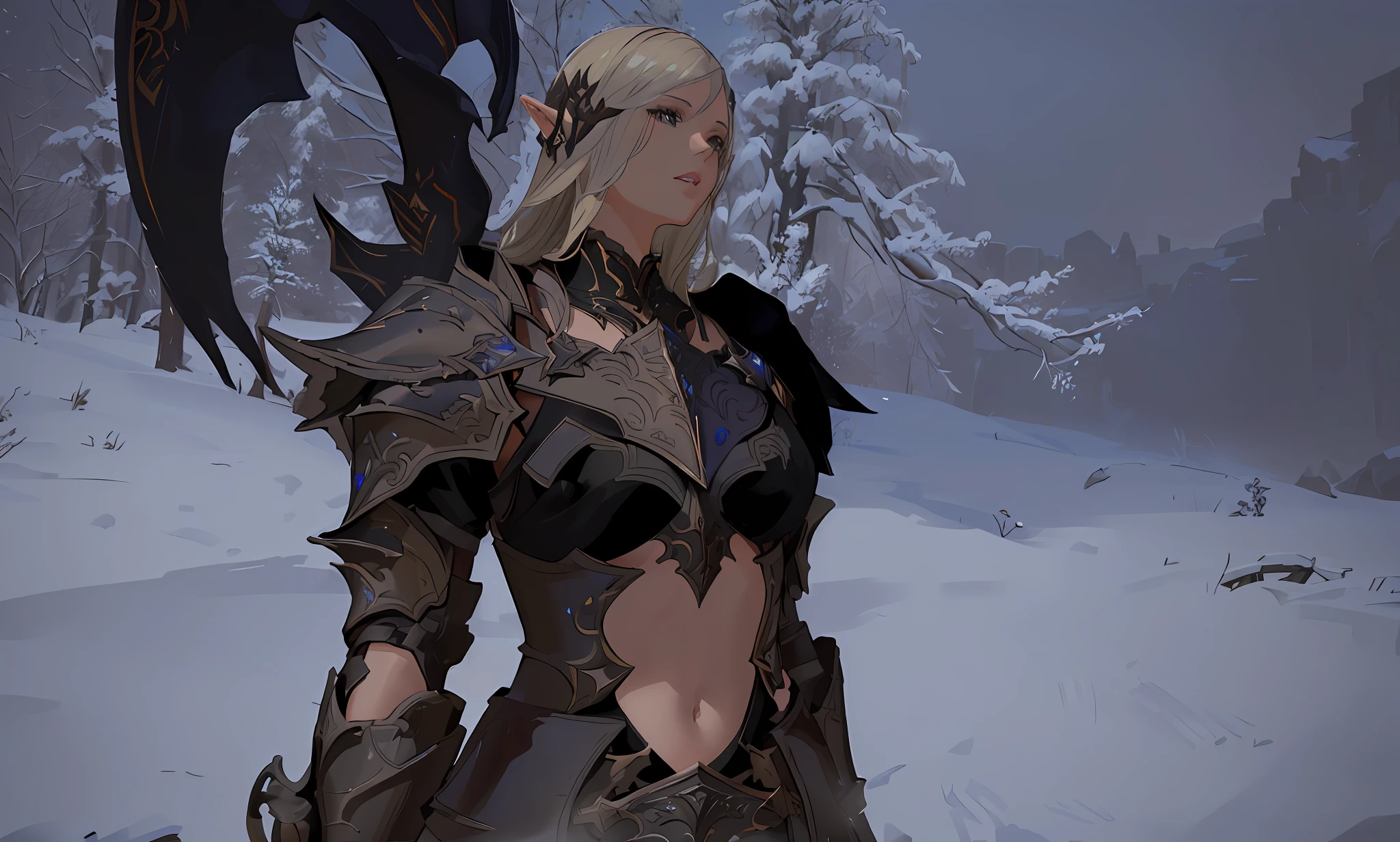 there is a woman in a brown outfit standing in the snow, dark elf, female elf, wearing shiny breastplate, from lineage 2, dark elf princess, pale black armor, dark elf maiden, sliver ice color reflected armor, backveiw picture of elf rogue, clothed in ethereal battle armour, wearing cloak on blasted plain, photogenic details on armour, Final fantasy 14, ff14 style