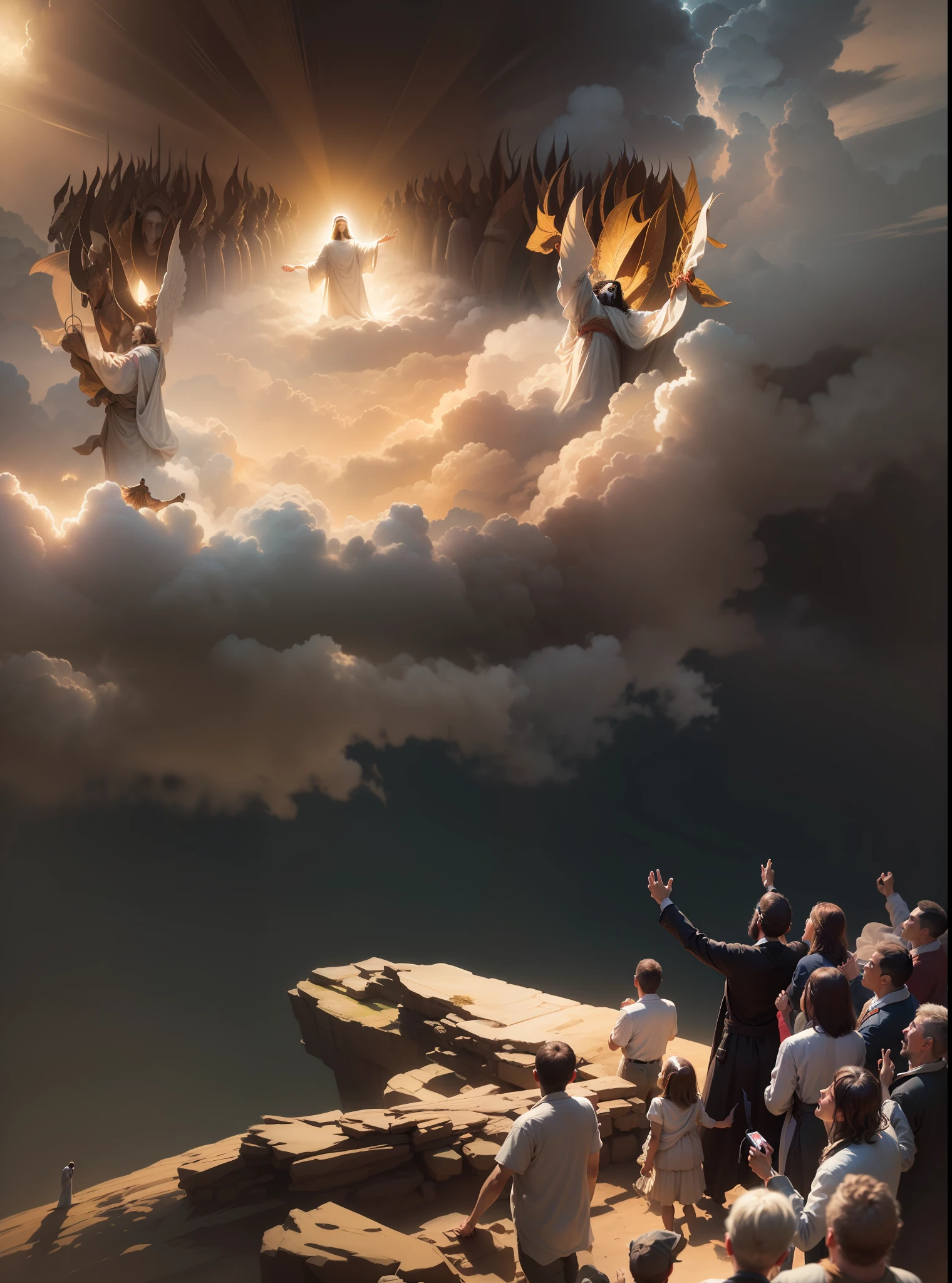 Coming of Jesus Christ on the clouds of heaven, cercado por anjos masculinos, e pessoas na terra contemplando este grande evento. Imagem realista, image with very high quality, Very high resolution image, image with great lighting
