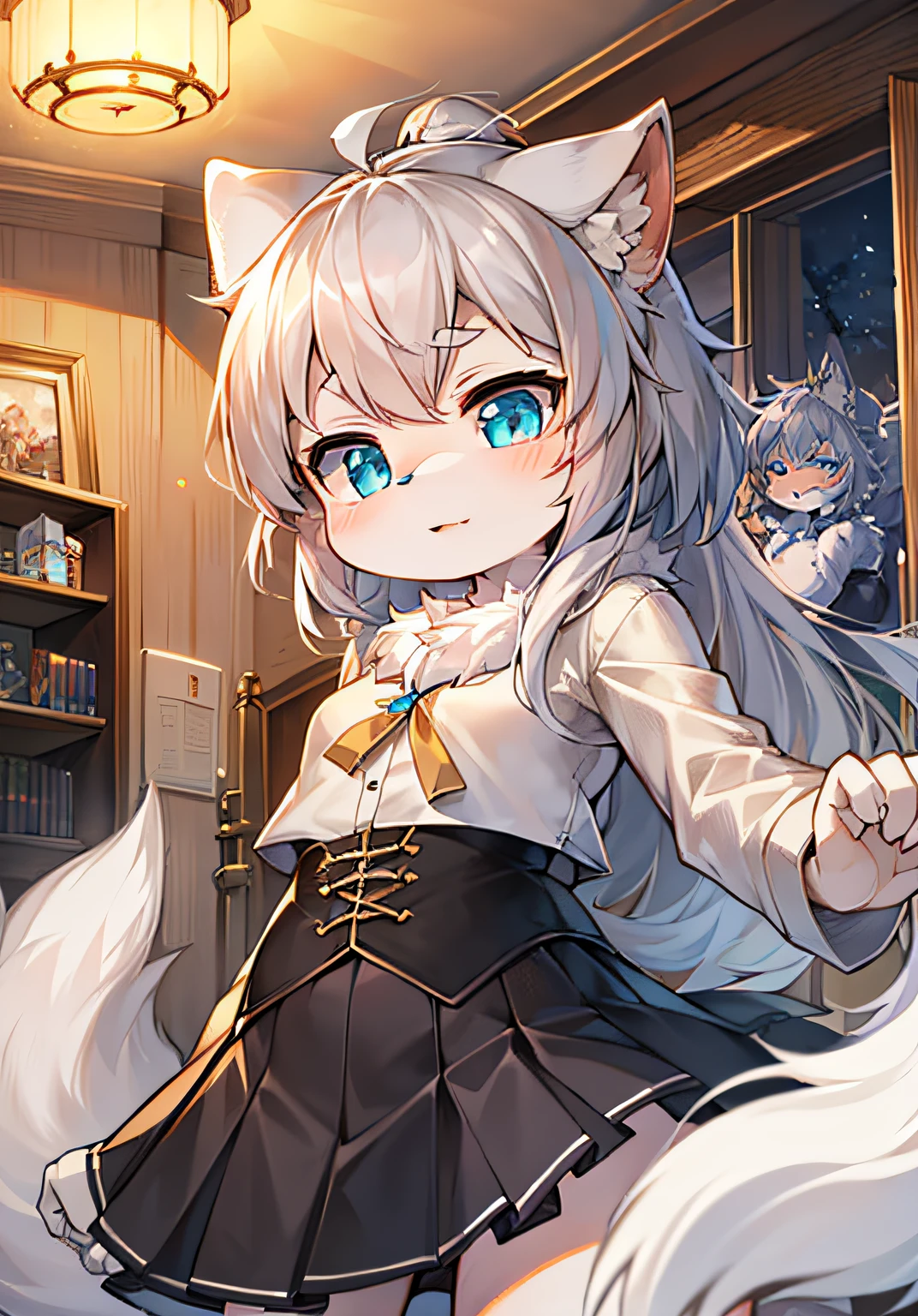 anthro female cat,short skirt,long whitr hair,eyes with brightness,in a panoramic view,focal point。Detailed background enhancement(0.7),独奏,Furry fortification,Furry female,female focus,anthr,Fluffy tail all over,eBlue eyes,White fur,Long gray hair,Small and cute strengthened,Long canids strengthened(1.2),interiors、the night、borgar(1.1)。