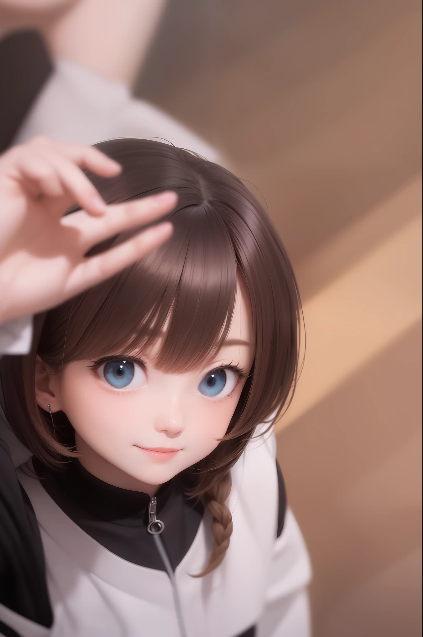 best quality, tmasterpiece, brunette color hair, blueneyes, head looking up, The upper part of the body,ssmile。