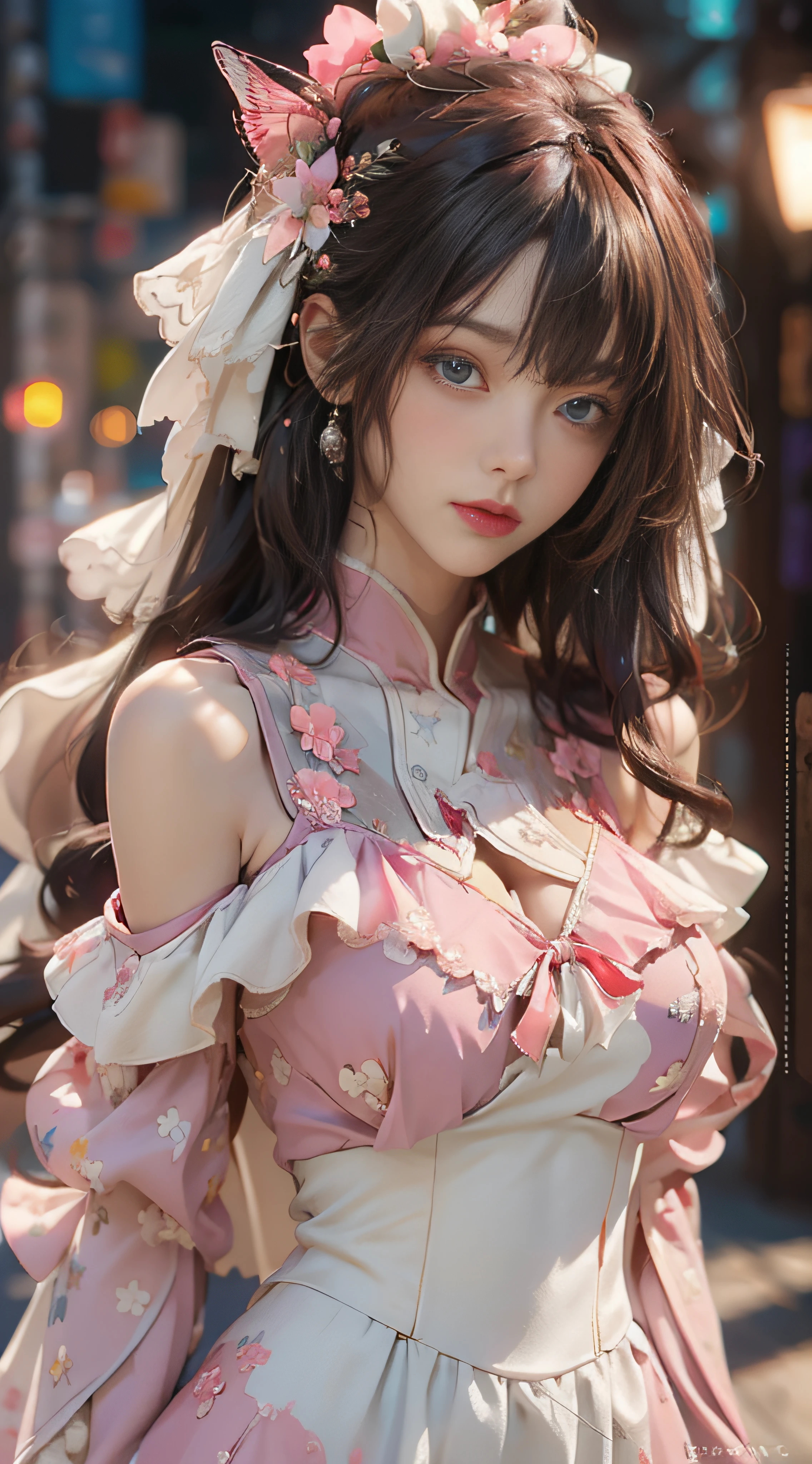 （（best qualtiy））， （（tmasterpiece））， （detail：1.4）， 3D， Beautiful cyberpunk female images，hdr（HighDynamicRange），Ray traching，NVIDIA RTX，Hyper-Resolution，illusory 5，sub surface scattering，PBR textures，post-proces，Anisotropy Filtering，depth of fields，maximum definition and sharpness，Many-Layer Textures，Albedo e mapas Speculares，Surface coloring，Mitsu-Accurate simulation of material interactions，perfectly proportioned，rendering by octane，Two-colored light，largeaperture，Low ISO，White balance，Rule three points、8K raw data、Beautiful bright blue pupils，off-the-shoulder clothes，Fine pupils，Delicate face and eyes，long eyelasher，Blushlush，Delicate and fluffy hair，pink lip，Pure，Cute big breasts，Sweet girl，Artistic sense，Casual wear，Advancedsense，butterflys，Cherry blossom petal，Beautiful hair accessories，Long hair and waist，Hair fluttering in the wind，wedding gown