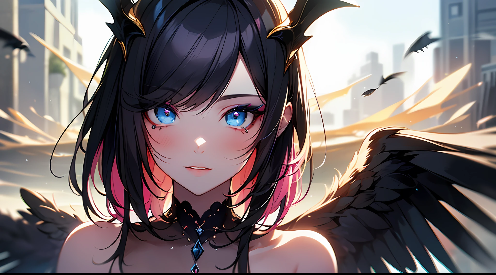 (Masterpiece:1.2), best quality, (illustration:1.2), (ultra-detailed),Eye focus,(Masterfully crafted Glow, pink lens flare), (Cinematic background), hyper details, (delicate detailed), (intricate details),in the air, octane render, hdr, (hyperdetailed:1.15), (soft light:1.2), 1girl, beautiful girl, ultra detailed eyes, mature, plump, thick, rainbow painting drops, paint teardrops, woman made up from paint, entirely paint, splat, splash, outdoors, (bioluminescent hair:1.1),(glowing eyes), ((makeup)),(Cinematic masterpiece), fierce, powerful, splashes of colour absolutely eye-catching, (Cinematic headlight), light coming from above, growing shadows, ((caustic)), dynamic angle, beautiful detailed glow, ambient occlusion, ambient light, raytraced reflections,(best illumination, an extremely delicate and beautiful), ((cinematic light)), (soft:2), (Nephilim:1.2), (halo), demon horns,(1 angel wing),1 demon wing, wings on back, half demon, demon ears, black wings, raven wings, (falling raven feathers), black hair, grey eyes, (red hair glow), (radiant aura),