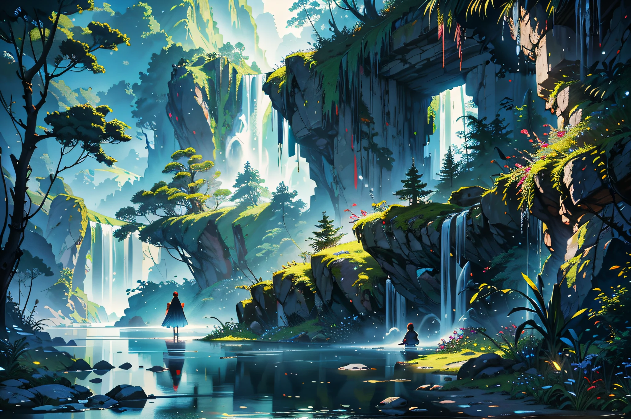 Chinese ancient times, spring, jungle, lake, cave, waterfall, tree, meadow, rock, deer, hot spring, water vapor, 1 girl looking at the scene, (illustration: 1.0), epic composition, realistic lighting,Detailed,Realistic,4k highly detailed digital art,octane render, bioluminescent, BREAK 8K resolution concept art, realism,by Mappa studios,masterpiece,best quality,official art,illustration,ligne claire,(cool_color),vibrant color,perfect composition,absurdres, fantasy,focused,rule of thirds,