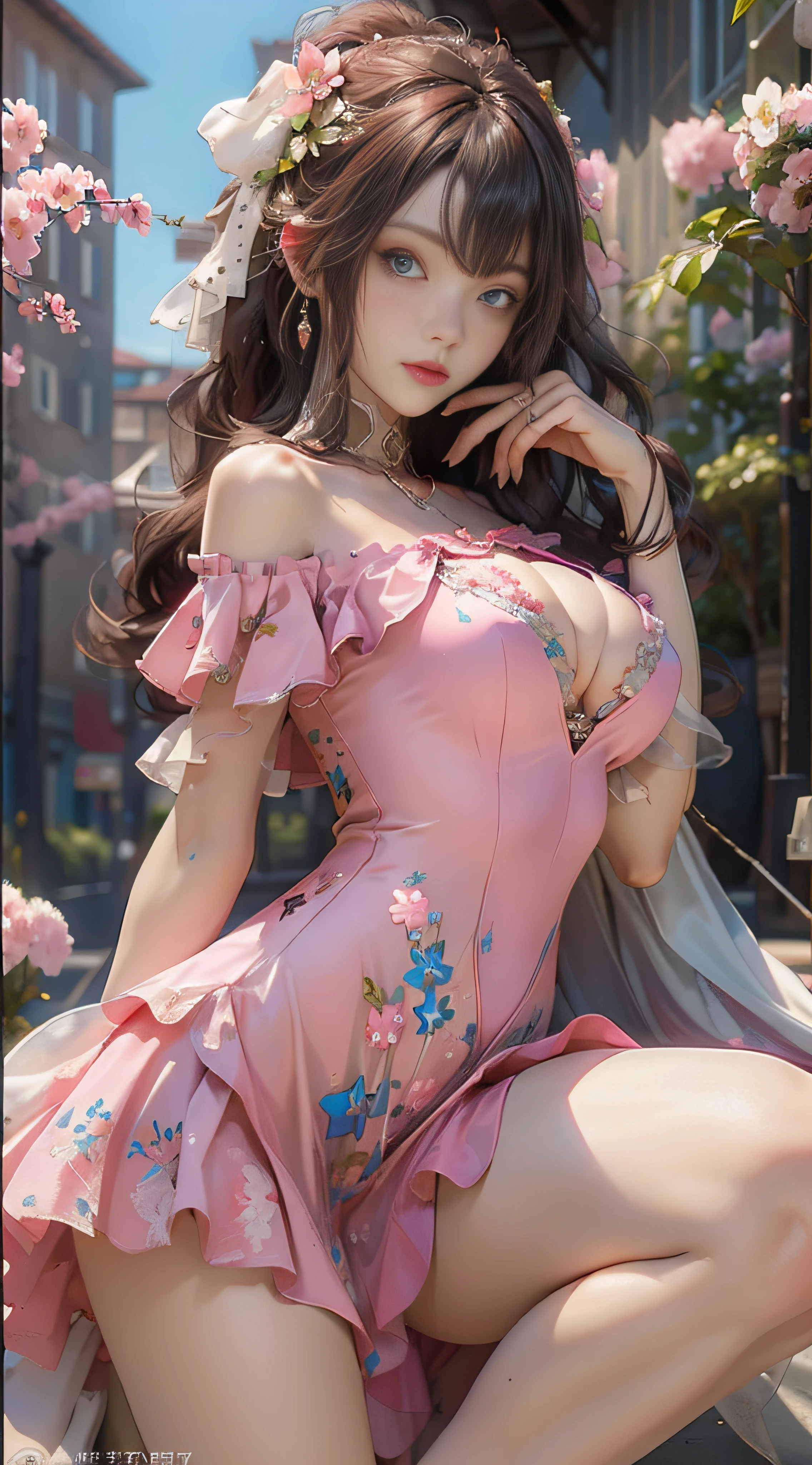 ((best qualtiy)), ((tmasterpiece)), (detail:1.4), 3D, Beautiful cyberpunk female images,hdr(HighDynamicRange),Ray traching,NVIDIA RTX,Hyper-Resolution,illusory 5,sub surface scattering,PBR textures,post-proces,Anisotropy Filtering,depth of fields,maximum definition and sharpness,Many-Layer Textures,Albedo e mapas Speculares,Surface coloring,Mitsu-Accurate simulation of material interactions,perfectly proportioned,rendering by octane,Two-colored light,largeaperture,Low ISO,White balance,Rule three points、8K raw data、Beautiful bright blue pupils,off-the-shoulder clothes,Fine pupils,Delicate face and eyes,long eyelasher,Blushlush,Delicate and fluffy hair,pink lip,Pure,Cute big breasts,Sweet girl,Artistic sense,Casual wear,Advancedsense,butterflys,Cherry blossom petal,Beautiful hair accessories,Long hair and waist,Hair fluttering in the wind,wedding gown,curlies