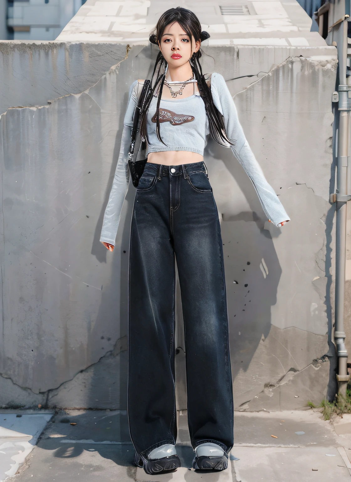 (1girll:1.3), 独奏,__Body parts__, Kim Ji-ni Jennie face，Korean-style photos，korean people，Black jeans，Off-white T-shirt， World-weary face，Advancedsense，Indifferent eyes，soft，Photography blockbuster style，(Background cement ash:1.4)， 8K resolution image，intricate symmetrical details。The whole picture goes on and on，Mainly a female standing full-body，The movements are smooth，full-figure。