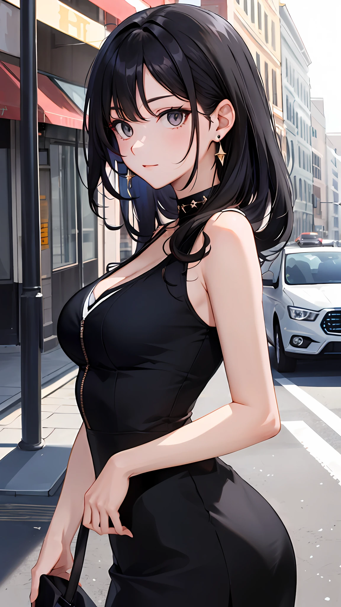 （tmasterpiece，best qualtiy：1.2），（looking at viewert），Nice face，Black Themes，cowboy lens，rays of sunshine，Black hair，Black colored eyes，black jewelry，nedium breasts，Have on the street，Hairstyle Random