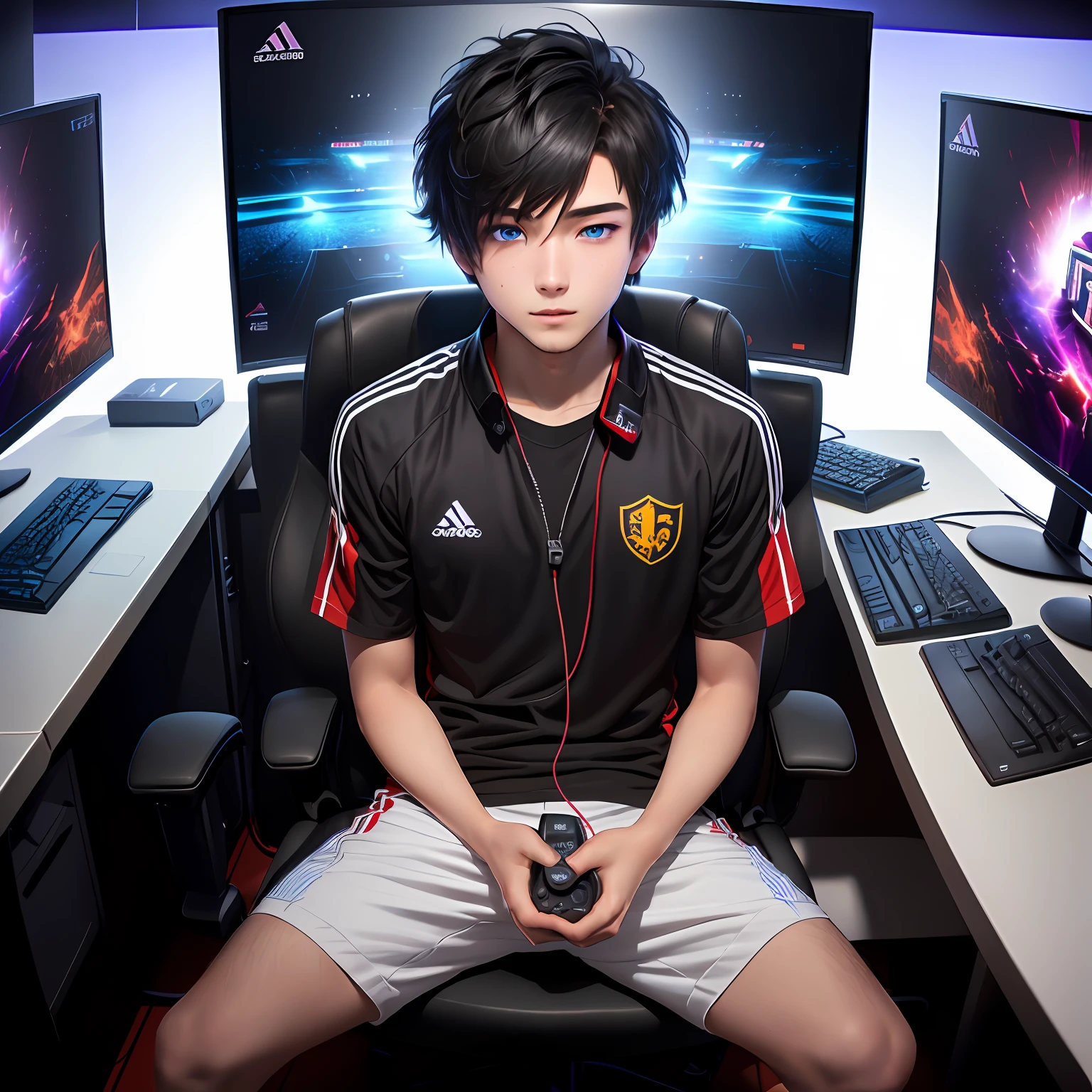 Best quality: 1.0), (Super High Resolution: 1.0), Anime boy, short black hair, blue eyes, sitting in front of computer playing games, background in esports room,