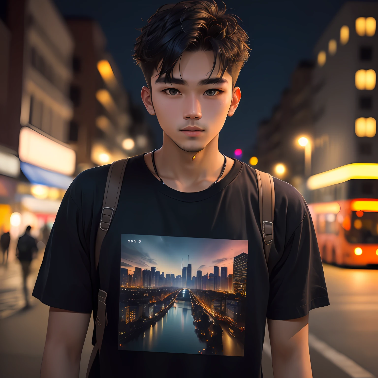 RAW photo, a portrait photo of 25 y.o man in casual clothes, night, city street, (high detailed skin:1.2), 8k uhd, dslr, soft lighting, high quality, film grain, Fujifilm XT3