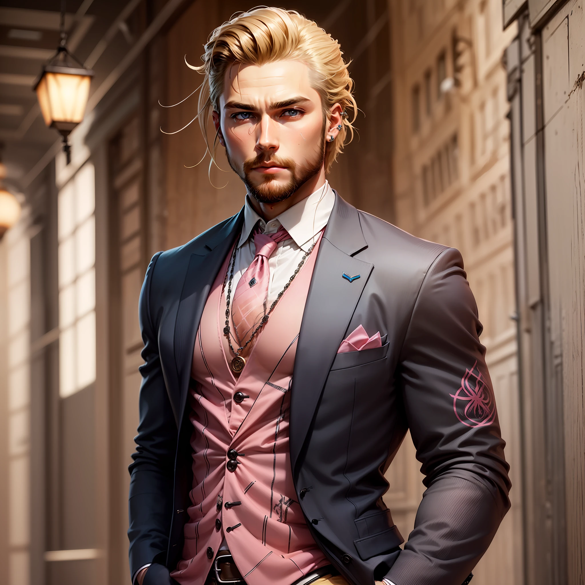 "Stylishly tousled blond hair, piercing pink eyes, well-groomed short beard, tall stature, wearing a suit."