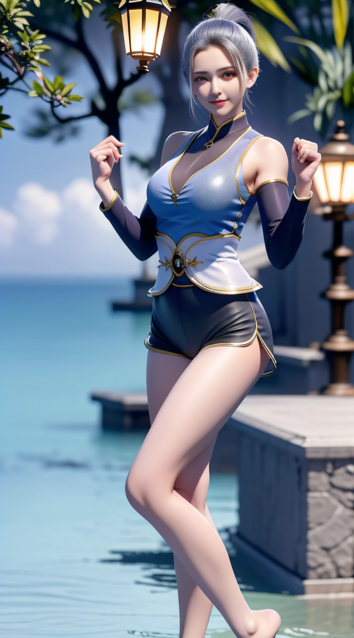tmasterpiece,best qualityer,1girll,独奏,(the ocean:1.3),(gym:1.3),(Splashing waves:1.2),(Sports tops:1.3)Super short pants,Han Yue,lamplight