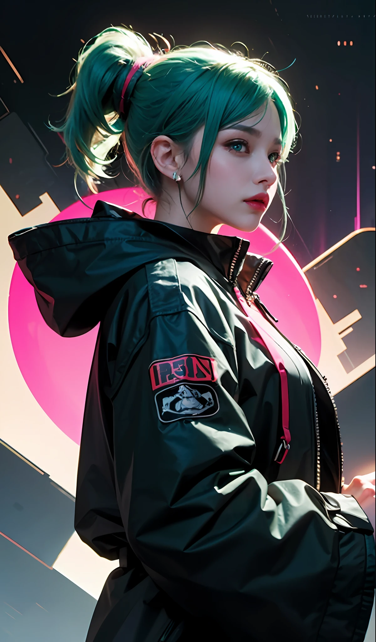 (Rebecca Cyberpunk), 1girll, By bangs, Blue hair,,Colored eyes, jaket, longer sleeves, looking at viewert, Medium hair, Facial portrait, Green hair, Hair flying upwards, lips parted, Bangs separated, (Mad eyes),opens his eyes wide,Half of the face,Bluish hair,sportrait,Redlip,独奏,Black cyberpunk coat,teal skin,Pink full body tattoo,Double ponytail on both sides,Cat lady,cyber punk perssonage\(Series\),cyber punk edge runner,black hair ornament,Ray traching,NVIDIA RTX,Hyper-Resolution,Unreal 5,Subsurface scattering、PBR Texture、post-proces、Anisotropy Filtering