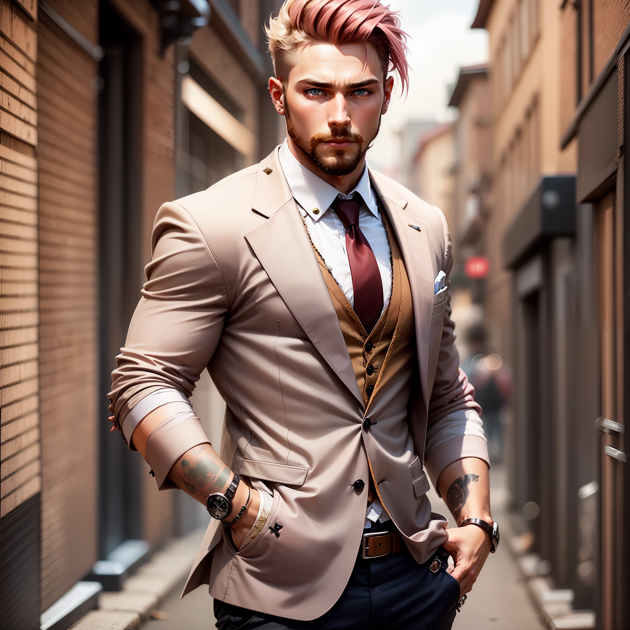 "Stylishly tousled blond hair, piercing pink eyes, well-groomed short beard, tall stature, wearing a suit."