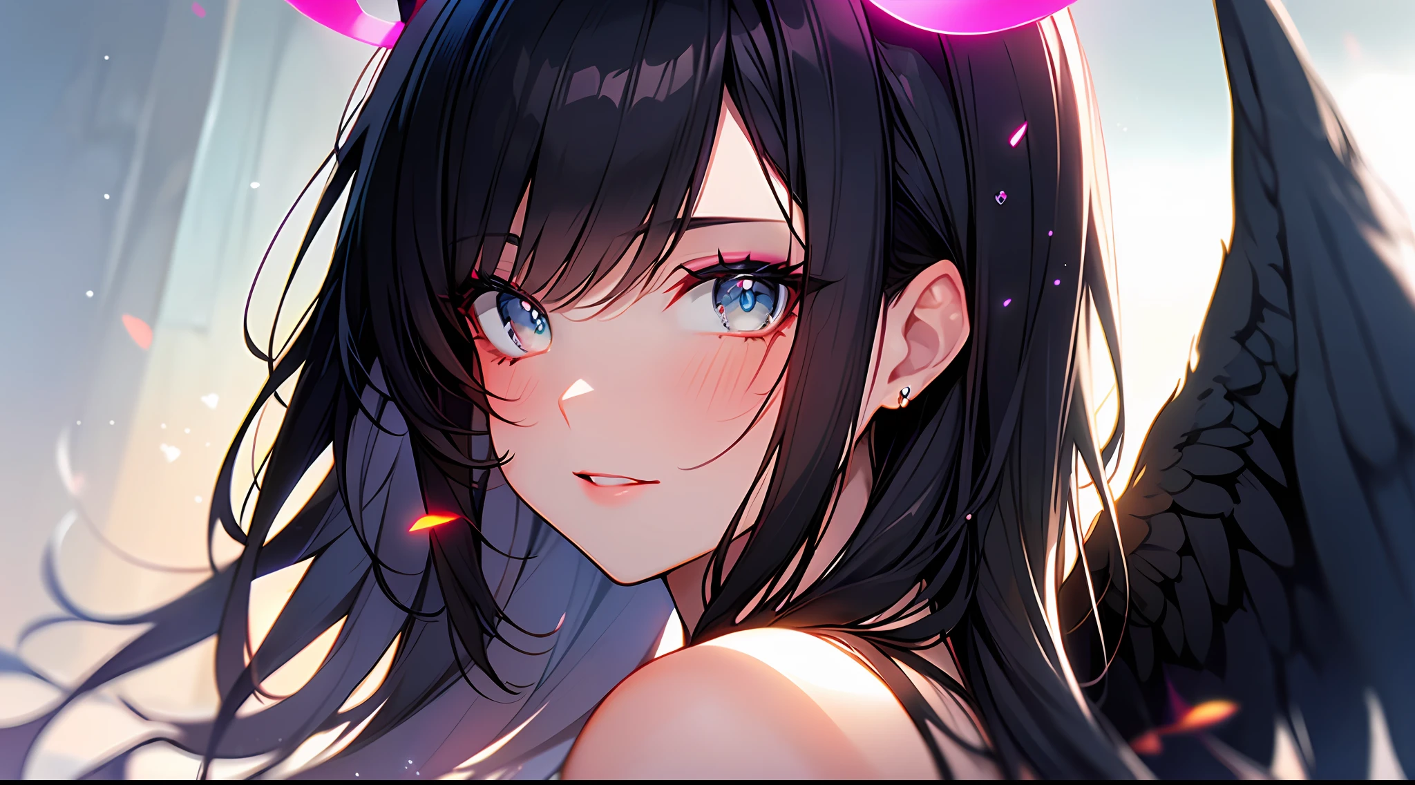 (Masterpiece:1.2), best quality, (illustration:1.2), (ultra-detailed),Eye focus,(Masterfully crafted Glow, pink lens flare), (Cinematic background), hyper details, (delicate detailed), (intricate details),in the air, octane render, hdr, (hyperdetailed:1.15), (soft light:1.2), 1girl, beautiful girl, ultra detailed eyes, mature, plump, thick, rainbow painting drops, paint teardrops, woman made up from paint, entirely paint, splat, splash, outdoors, (bioluminescent hair:1.1),(glowing eyes), ((makeup)),(Cinematic masterpiece), fierce, powerful, splashes of colour absolutely eye-catching, (Cinematic headlight), light coming from above, growing shadows, ((caustic)), dynamic angle, beautiful detailed glow, ambient occlusion, ambient light, raytraced reflections,(best illumination, an extremely delicate and beautiful), ((cinematic light)), (soft:2), (Nephilim:1.2), (halo), demon horns,(1 angel wing),1 demon wing, wings on back, half demon, demon ears, black wings, raven wings, (falling raven feathers), black hair, grey eyes, (red hair glow), (radiant aura),