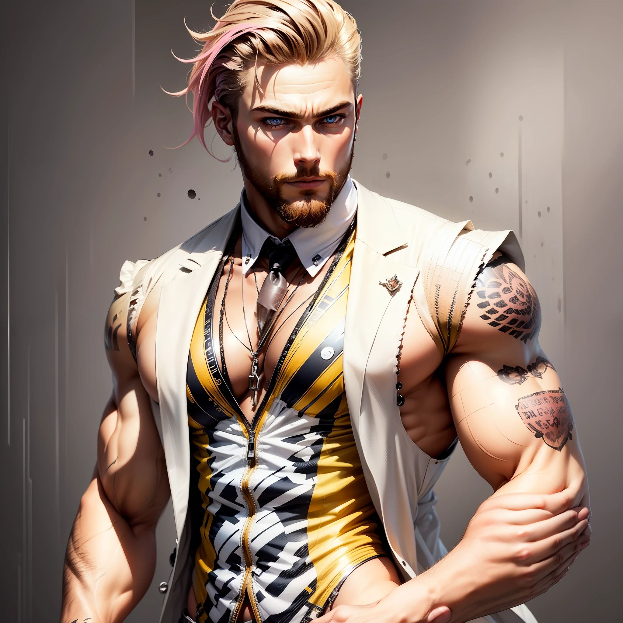 "Stylishly tousled blond hair, piercing pink eyes, well-groomed short beard, tall stature, wearing a suit."