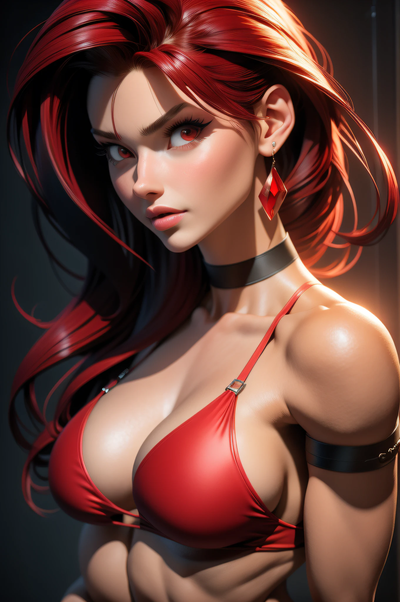 masterpiece, best quality,3d rending work ,3DMM style,close-up, 3D,1girl, solo, Red hair, teardropshaped earrings, realistic, upper body, bangs, long straight black hair, parted lips, choker, makeup, (red bikini:1.3), red eyes, tifa lockhart, medium breasts, normal breasts, cleavage, exposed stomach, toned abs, toned arms, (looking at viewer)