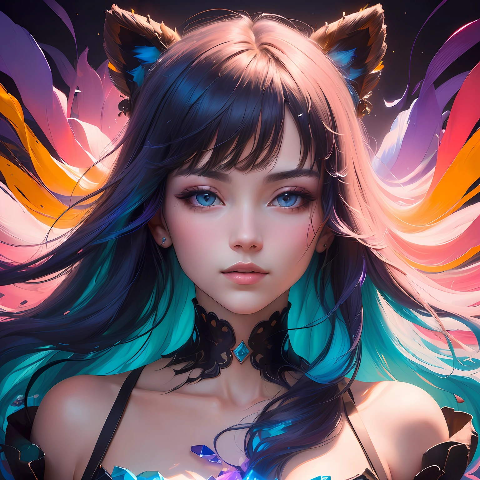 _james jean, floating female figure made of ribbons, smoke, in the sky, colorful and vibrant, mystical colors, contemporary impressionism, yanjun cheng portrait painting, iridescent painting, 3/4 perspective view, cute face, low angle, sweeping circling composition, large beautiful crystal eyes, big irises, UHD, HDR, 8K, (Masterpiece:1. 5), (the most beautiful portrait in the world:1.5)