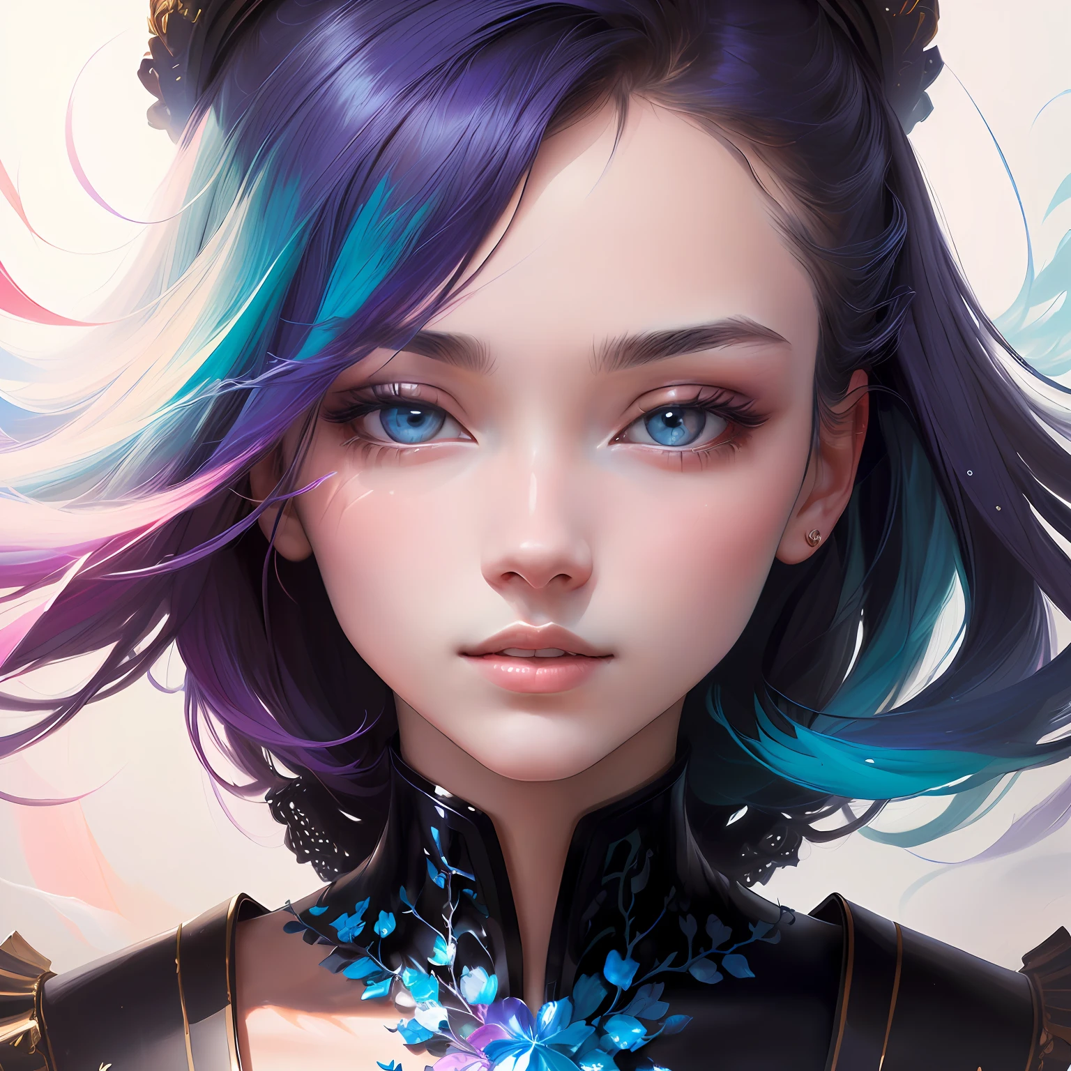 _james jean, floating female figure made of ribbons, smoke, in the sky, colorful and vibrant, mystical colors, contemporary impressionism, yanjun cheng portrait painting, iridescent painting, 3/4 perspective view, cute face, low angle, sweeping circling composition, large beautiful crystal eyes, big irises, UHD, HDR, 8K, (Masterpiece:1. 5), (the most beautiful portrait in the world:1.5)