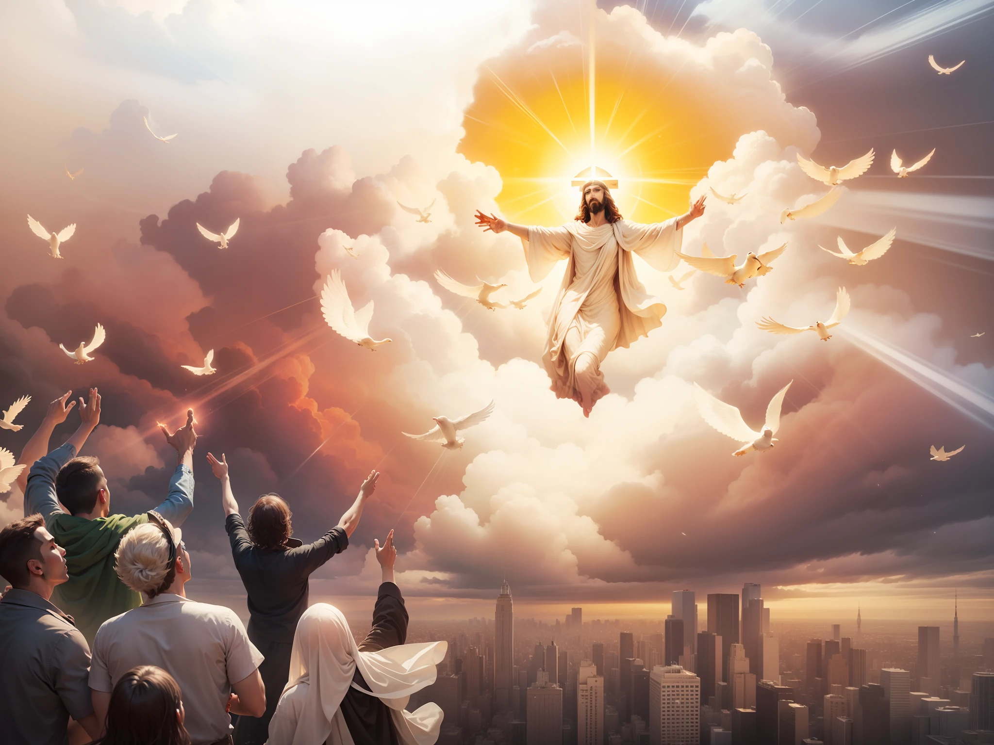 Coming of Jesus Christ on the clouds of heaven, cercado por anjos masculinos, e pessoas na terra contemplando este grande evento. Imagem realista, image with very high quality, Very high resolution image, image with great lighting