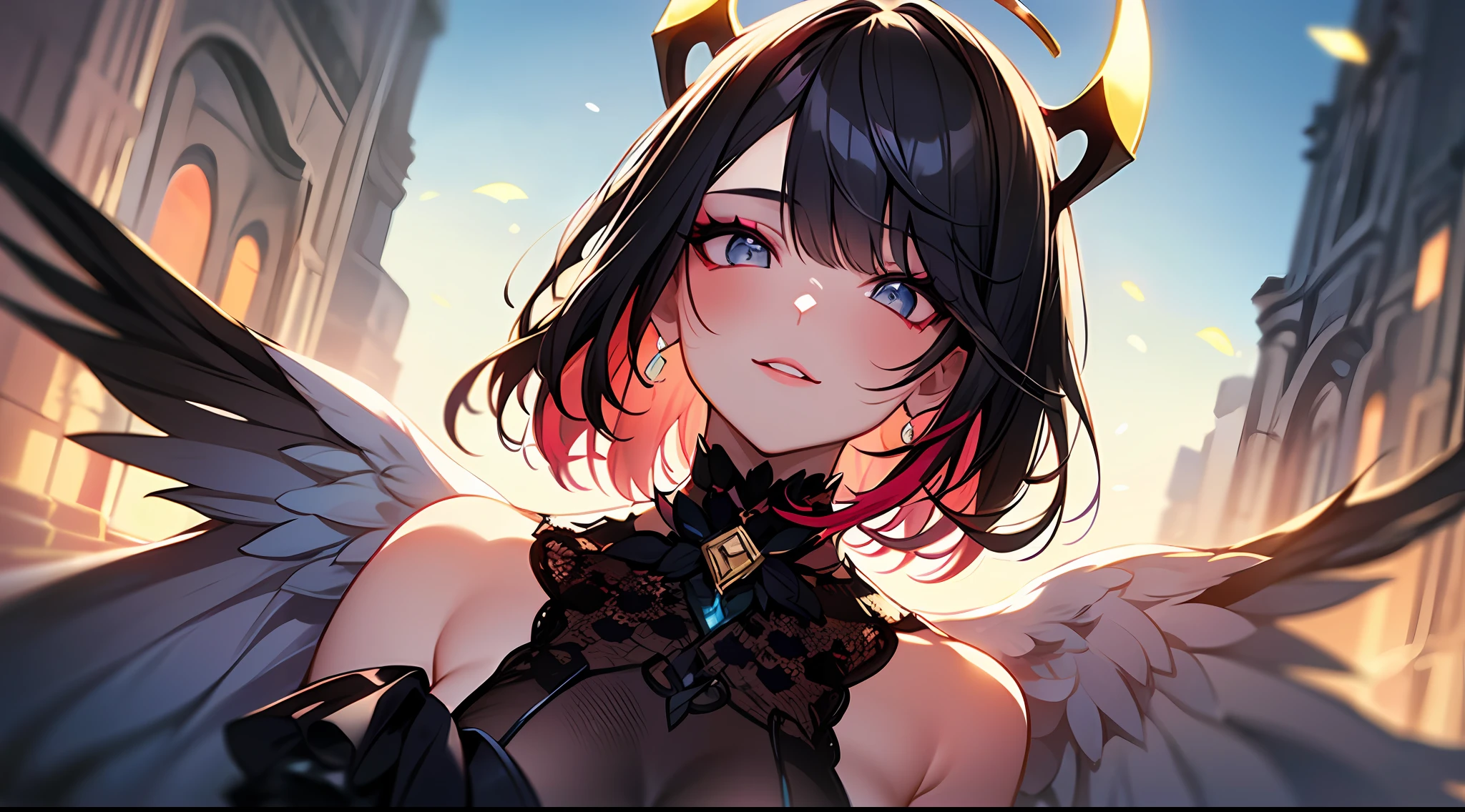 (Masterpiece:1.2), best quality, (illustration:1.2), (ultra-detailed),Eye focus,(Masterfully crafted Glow, pink lens flare), (Cinematic background), hyper details, (delicate detailed), (intricate details),in the air, octane render, hdr, (hyperdetailed:1.15), (soft light:1.2), 1girl, beautiful girl, ultra detailed eyes, mature, plump, thick, rainbow painting drops, paint teardrops, woman made up from paint, entirely paint, splat, splash, outdoors, (bioluminescent hair:1.1),(glowing eyes), ((makeup)),(Cinematic masterpiece), fierce, powerful, splashes of colour absolutely eye-catching, (Cinematic headlight), light coming from above, growing shadows, ((caustic)), dynamic angle, beautiful detailed glow, ambient occlusion, ambient light, raytraced reflections,(best illumination, an extremely delicate and beautiful), ((cinematic light)), (soft:2), (Nephilim:1.2), (halo), demon horns,(1 angel wing),1 demon wing, wings on back, half demon, demon ears, black wings, raven wings, (falling raven feathers), black hair, grey eyes, (red hair glow), (radiant aura),