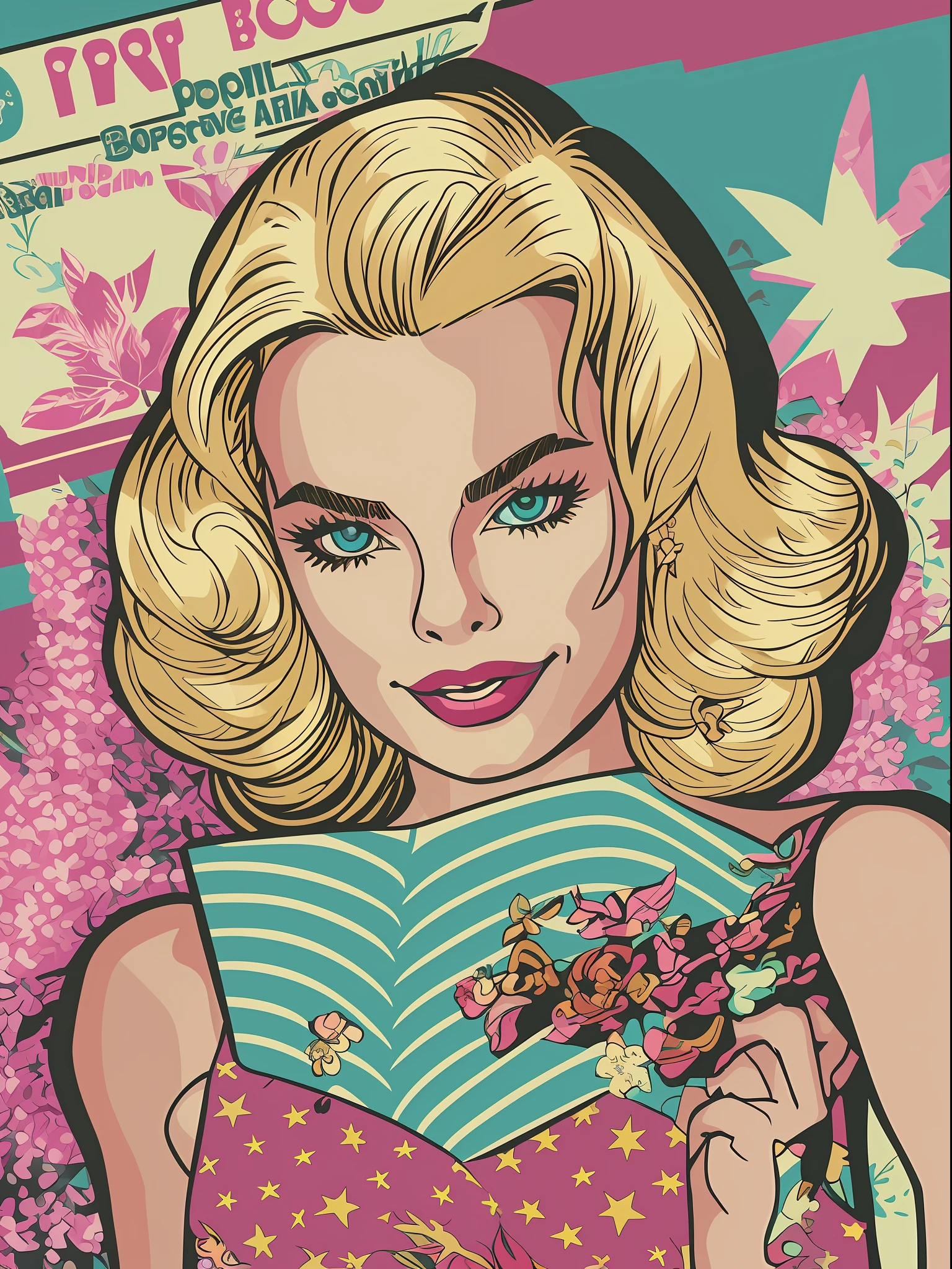 A Children's book illustration of (Margot Robbie as Barbie doll), pop art retro vector illustration. Comic book style imitation.