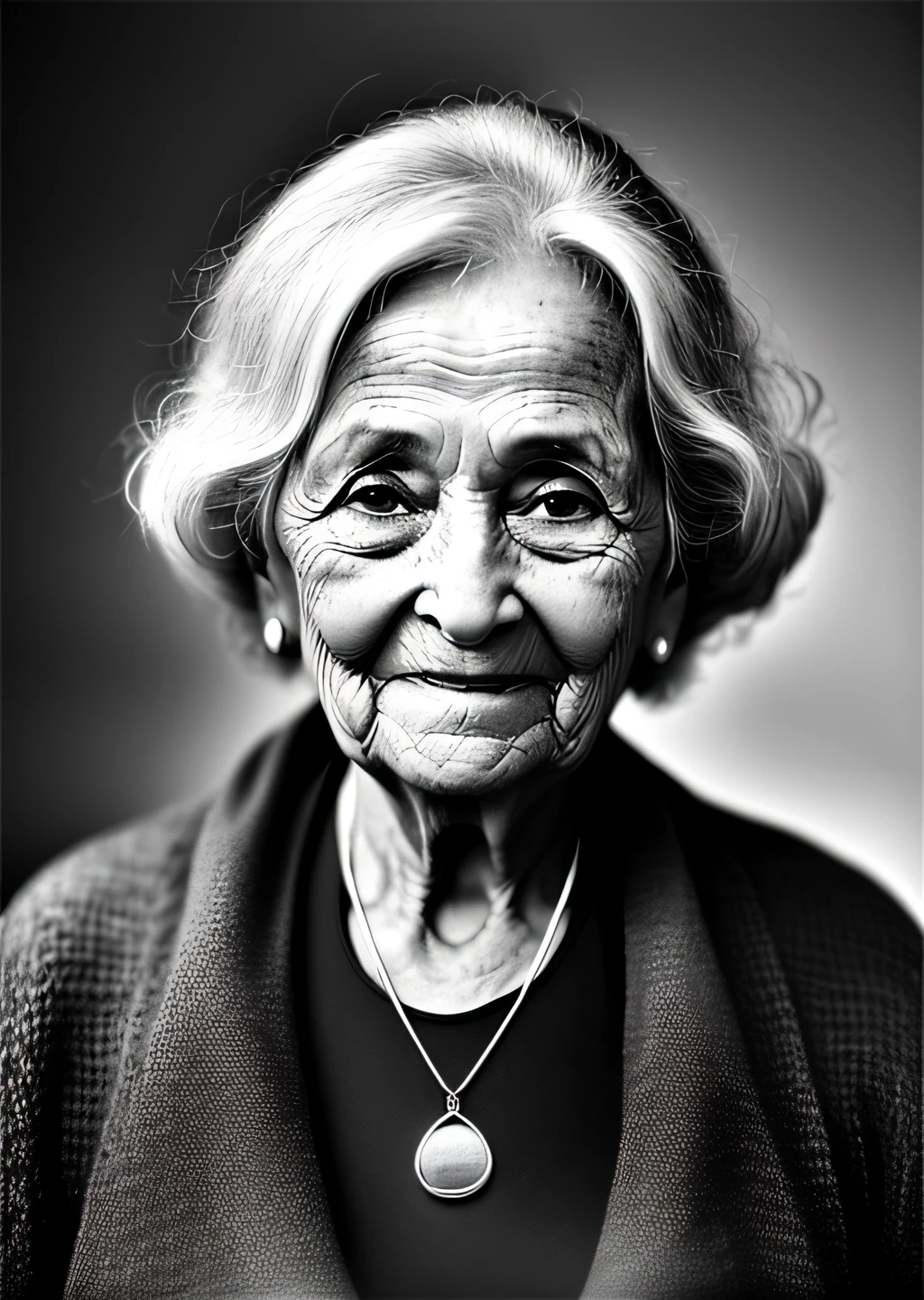 Portrait of a happy old woman with a small rectangular silver pendant hanging around her neck; luz ambiental, Nikon 15mm f/1.8G, por Alessio Albi, por Annie Leibowitz, por Lee Jeffries