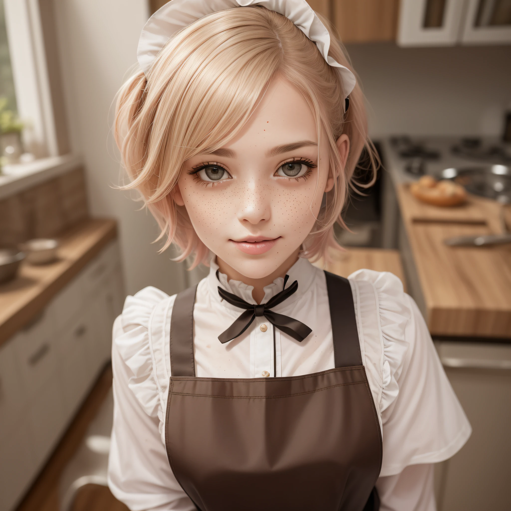 a closeup portrait of a playful maid, undercut hair, natural, apron, amazing body, pronounced feminine feature, kitchen, [ash blonde | ginger | pink hair], freckles, flirting with camera