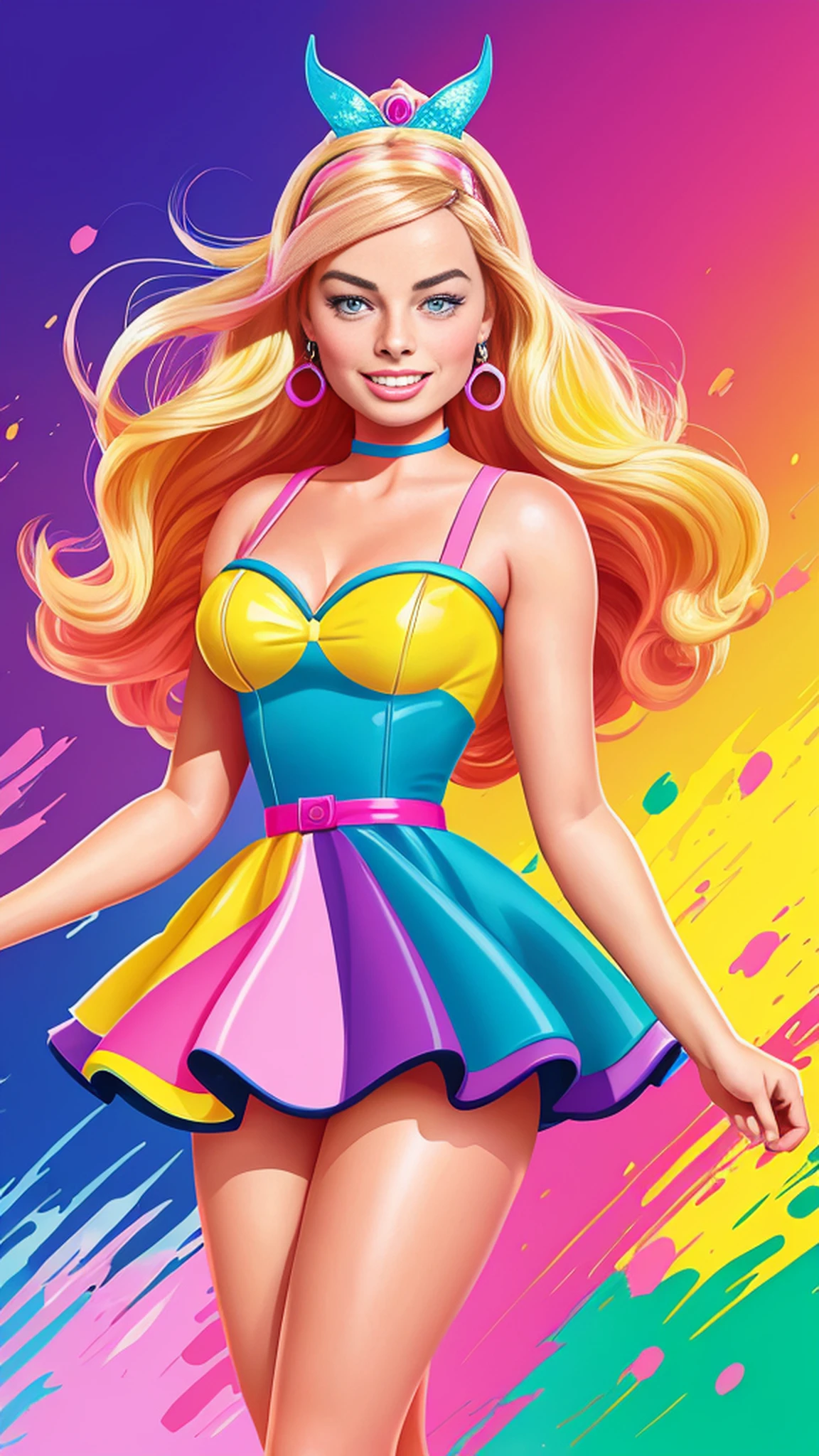 Beautiful children's book illustration of happy (Margot Robbie as Barbie) splash colors, graphic design. digital art