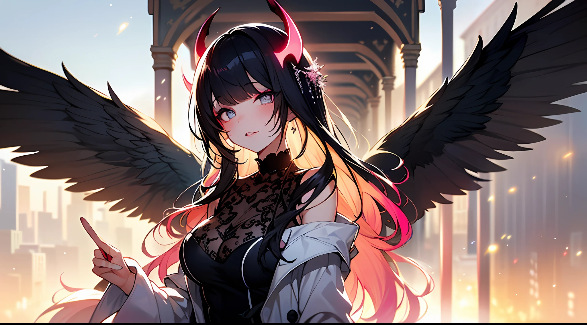 (Masterpiece:1.2), best quality, (illustration:1.2), (ultra-detailed),Eye focus,(Masterfully crafted Glow, pink lens flare), (Cinematic background), hyper details, (delicate detailed), (intricate details),in the air, octane render, hdr, (hyperdetailed:1.15), (soft light:1.2), 1girl, beautiful girl, ultra detailed eyes, mature, plump, thick, rainbow painting drops, paint teardrops, woman made up from paint, entirely paint, splat, splash, outdoors, (bioluminescent hair:1.1),(glowing eyes), ((makeup)),(Cinematic masterpiece), fierce, powerful, splashes of colour absolutely eye-catching, (Cinematic headlight), light coming from above, growing shadows, ((caustic)), dynamic angle, beautiful detailed glow, ambient occlusion, ambient light, raytraced reflections,(best illumination, an extremely delicate and beautiful), ((cinematic light)), (soft:2), (Nephilim:1.2), (halo), demon horns,(1 angel wing),1 demon wing, wings on back, half demon, demon ears, black wings, raven wings, (falling raven feathers), black hair, grey eyes, (red hair glow), (radiant aura),