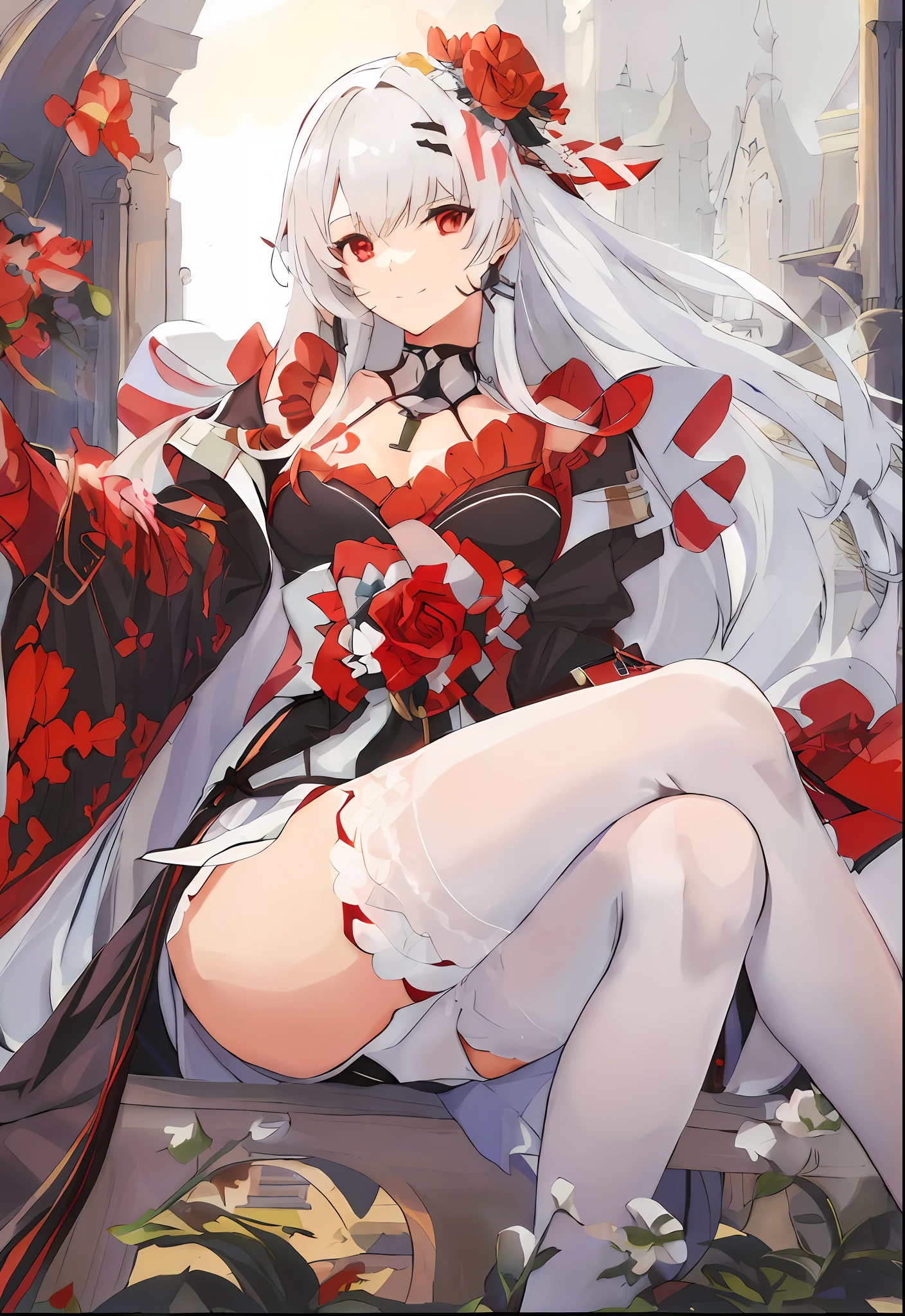 Anime girl in red and black dress sitting on bench, white-haired god, 《azur lane》role, azur lane style, Kushatt Krenz Key Art Women, cute anime waifu in a nice dress, A scene from the《azur lane》videogame, Perfect white haired girl, from girls frontline, beautiful anime girl crouching, beautiful and seductive anime woman
