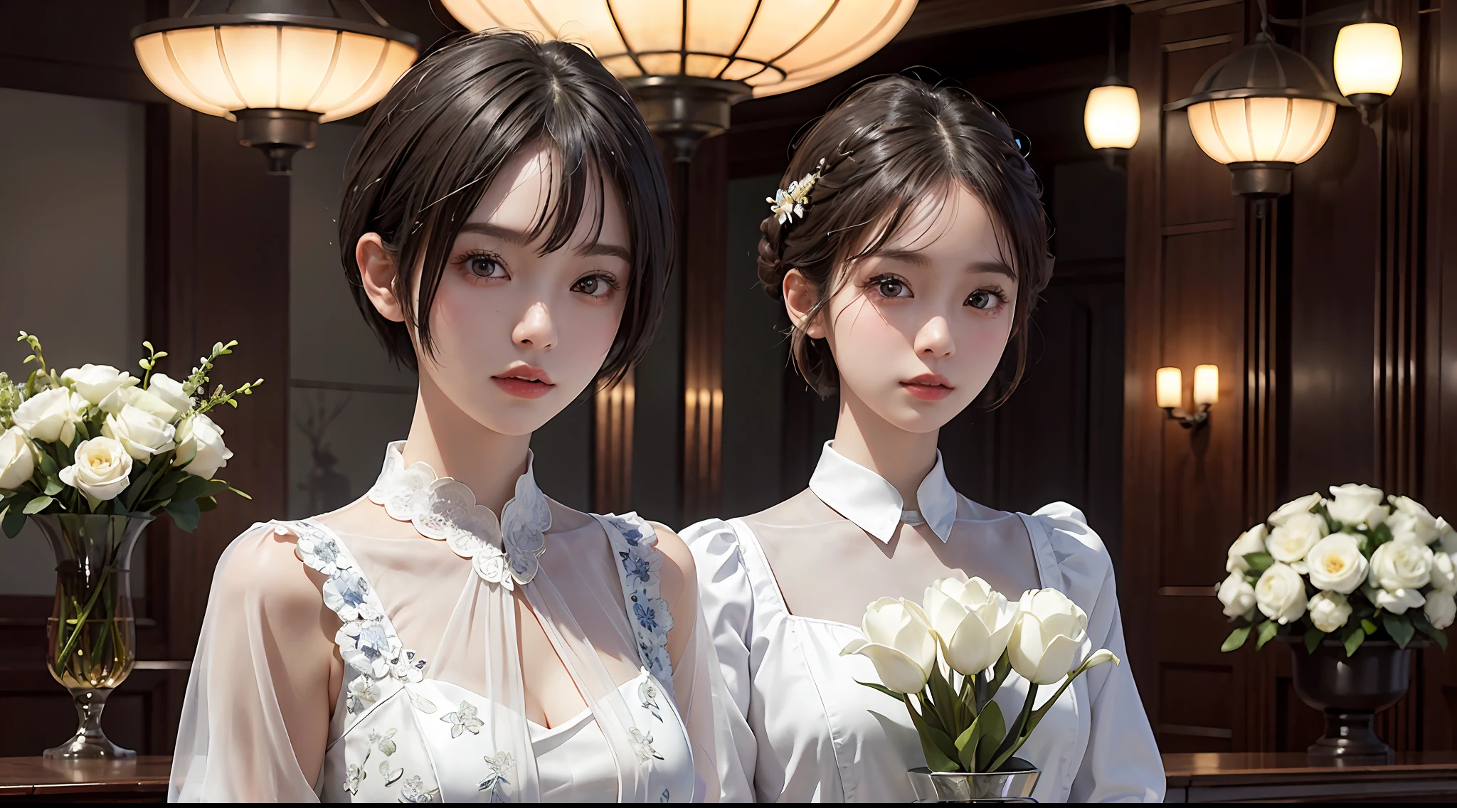 ​masterpiece, 1 beautiful girls, (((very_short_hair))), Eye details, Swollen eyes, Top image quality, 超A high resolution, (Realistis: 1.4), OriginalPhotographs, 1Girl, Cinematographic lighting, japanes, Asian Beauty, Korean, very beautif, Beautiful skins, thin,  (A hyper-realistic), (hight resolution), (8 K), (ighly detailed), (The best illustrations), (beautifully detailed eyes), (ultra-detailliert), A detailed face, see the beholder, Facing straight ahead, Neat Clothing, shorth hair、A dark-haired、46-point diagonal bangs、Interior background of luxury hotel、flower arrangement、vases、Neat and clean