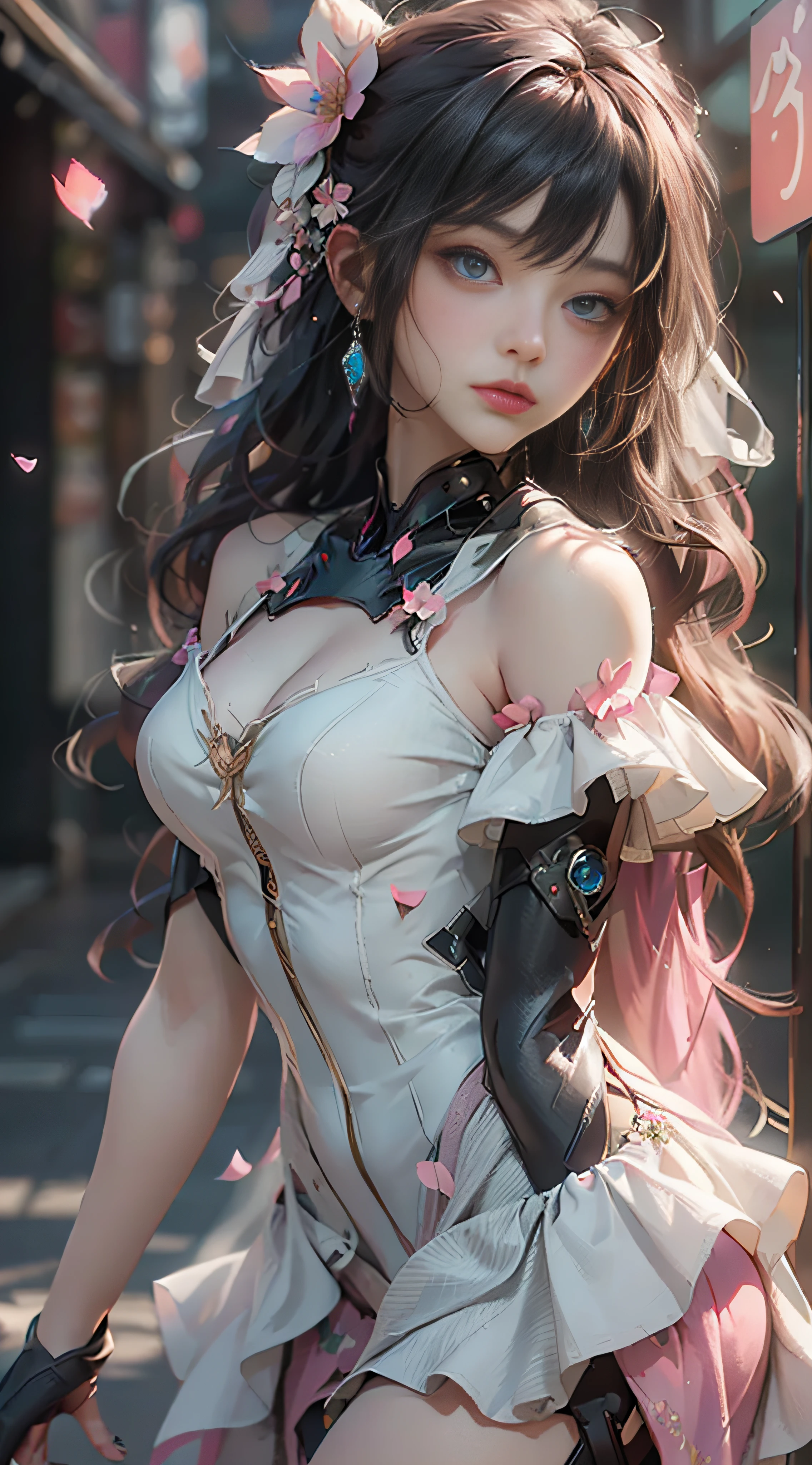 （（best qualtiy））， （（tmasterpiece））， （detail：1.4）， 3D， Beautiful cyberpunk female images，hdr（HighDynamicRange），Ray traching，NVIDIA RTX，Hyper-Resolution，illusory 5，sub surface scattering，PBR textures，post-proces，Anisotropy Filtering，depth of fields，maximum definition and sharpness，Many-Layer Textures，Albedo e mapas Speculares，Surface coloring，Mitsu-Accurate simulation of material interactions，perfectly proportioned，rendering by octane，Two-colored light，largeaperture，Low ISO，White balance，Rule three points、8K raw data、Beautiful bright blue pupils，off-the-shoulder clothes，Fine pupils，Delicate face and eyes，long eyelasher，Blushlush，Delicate and fluffy hair，pink lip，Pure，Cute big breasts，Sweet girl，Artistic sense，Casual wear，Advancedsense，butterflys，Cherry blossom petal，Beautiful hair accessories，Long hair and waist，Hair fluttering in the wind，wedding gown，curlies