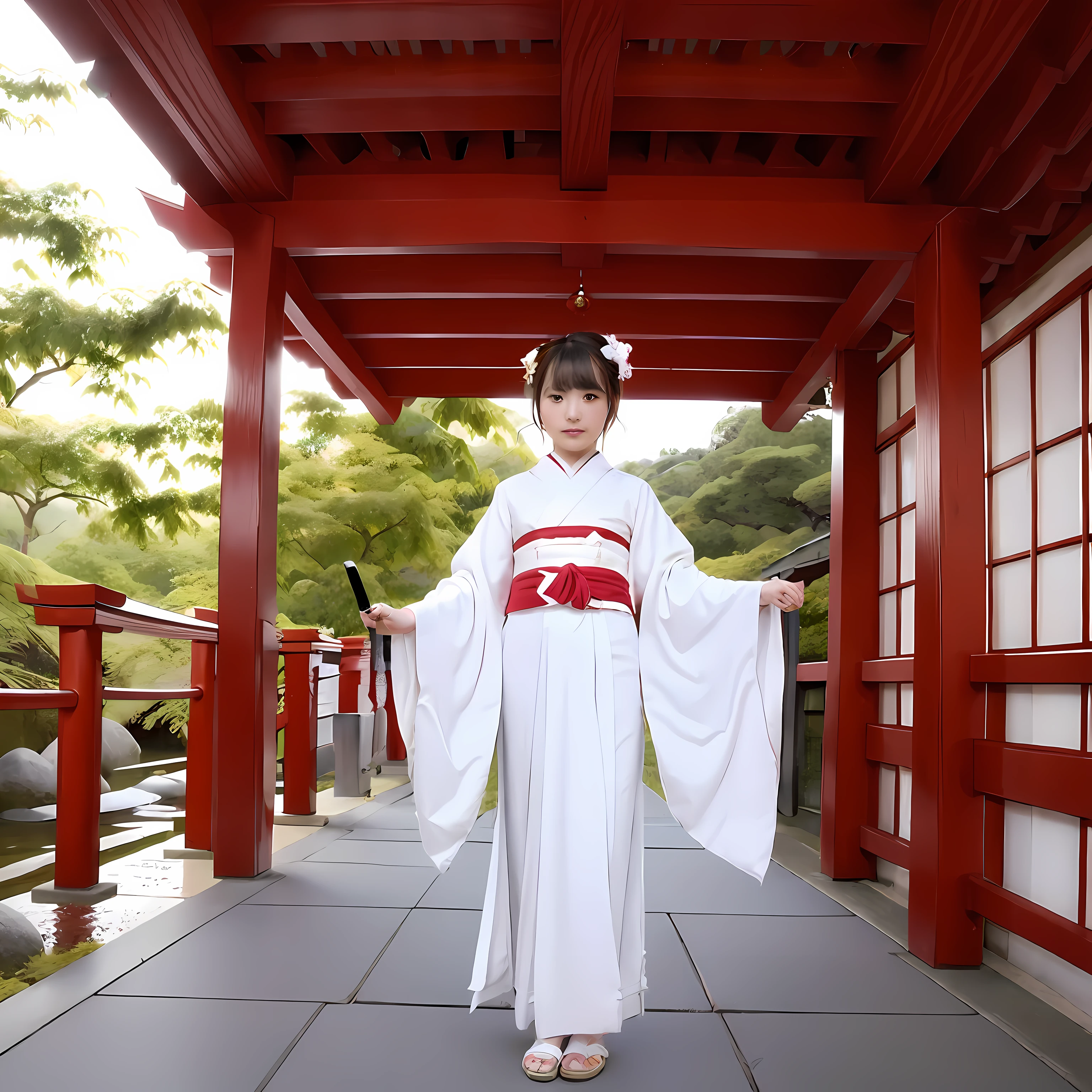 (Ray traching)，shrine maiden，sacrifices，a temple background，the witcher，Take the staff，Kimono with white，Japanese goddess，Taunai，Momonogi，Stick in hand，curate，独奏，A Japanese goddess，