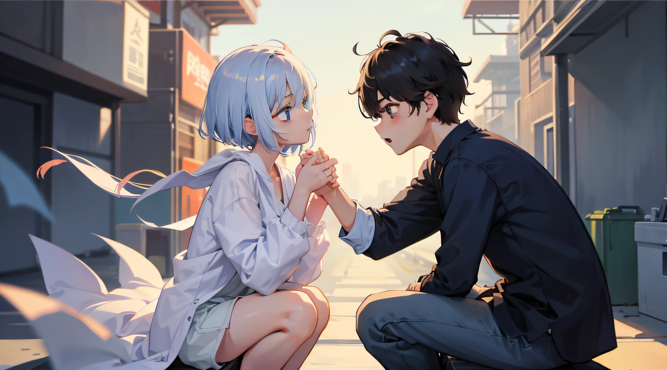 a couple(1Boy、1garl)、short-cut、Background Simple、