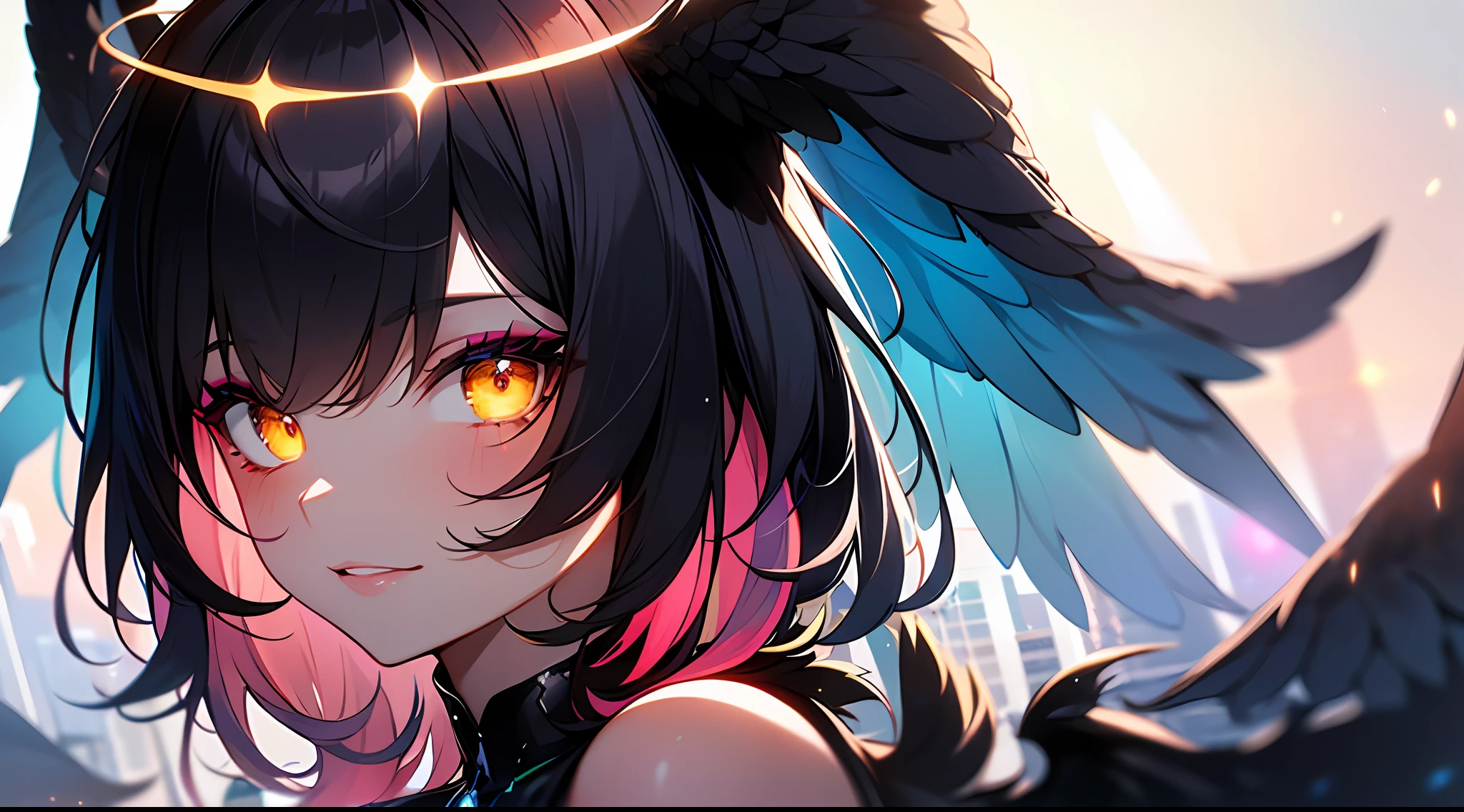 (Masterpiece:1.2), best quality, (illustration:1.2), (ultra-detailed),Eye focus,(Masterfully crafted Glow, pink lens flare), (Cinematic background), hyper details, (delicate detailed), (intricate details),in the air, octane render, hdr, (hyperdetailed:1.15), (soft light:1.2), 1girl, beautiful girl, ultra detailed eyes, mature, plump, thick, rainbow painting drops, paint teardrops, woman made up from paint, entirely paint, splat, splash, outdoors, (bioluminescent hair:1.1),(glowing eyes), ((makeup)),(Cinematic masterpiece), fierce, powerful, splashes of colour absolutely eye-catching, (Cinematic headlight), light coming from above, growing shadows, ((caustic)), dynamic angle, beautiful detailed glow, ambient occlusion, ambient light, raytraced reflections,(best illumination, an extremely delicate and beautiful), ((cinematic light)), (soft:2), (Nephilim:1.2), (halo), demon horns,(1 angel wing),1 demon wing, wings on back, half demon, demon ears, black wings, raven wings, (falling raven feathers), black hair, grey eyes, (red hair glow), (radiant aura),
