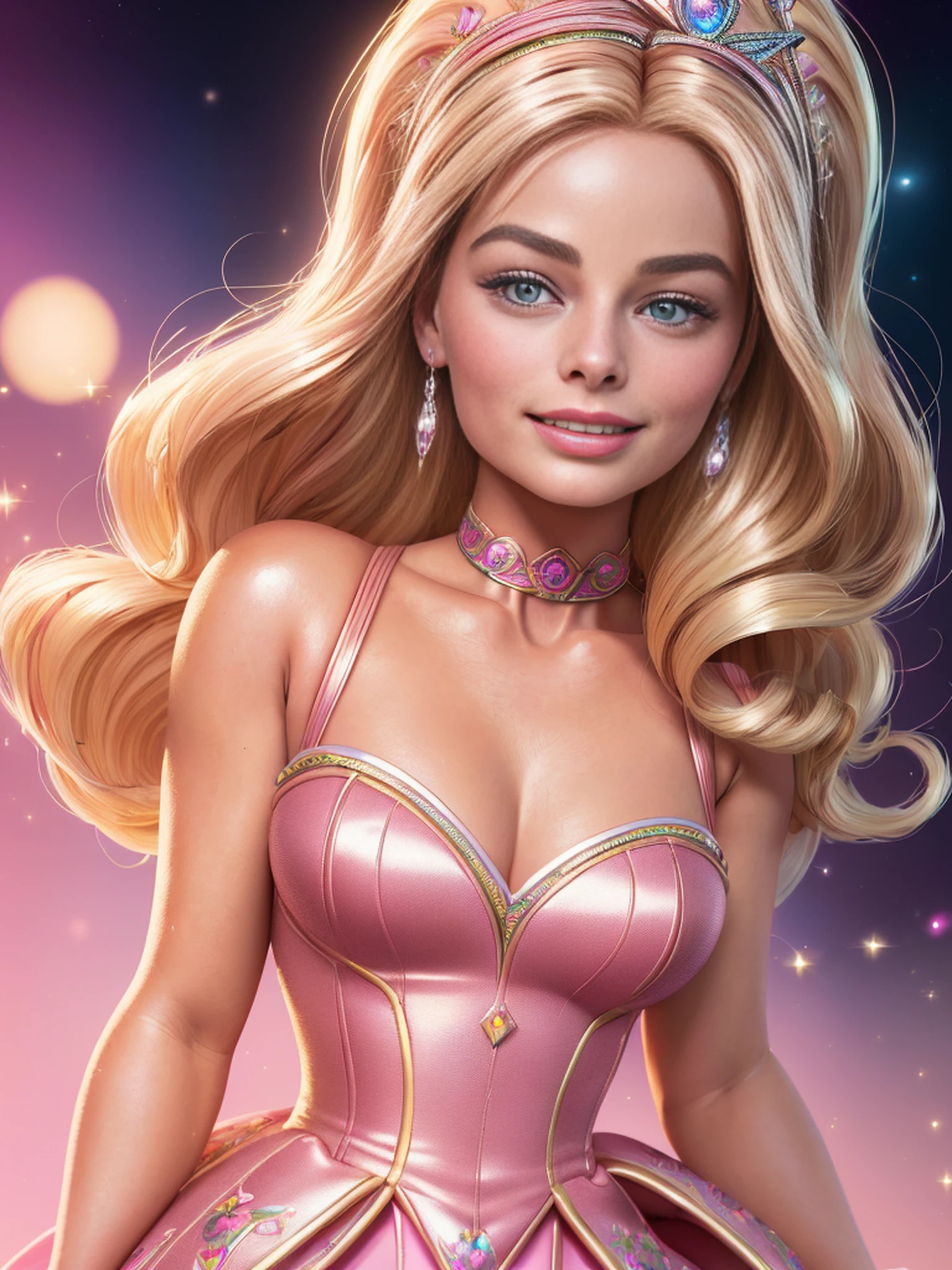 (extremely detailed CG unity 8k wallpaper, masterpiece, best quality, ultra-detailed), (best illumination, best shadow, an extremely delicate and beautiful), ((Margot Robbie as Barbie doll)), Beautiful children's book illustration of happy world of Barbie, graphic design. digital art. (comic book style:1.4)